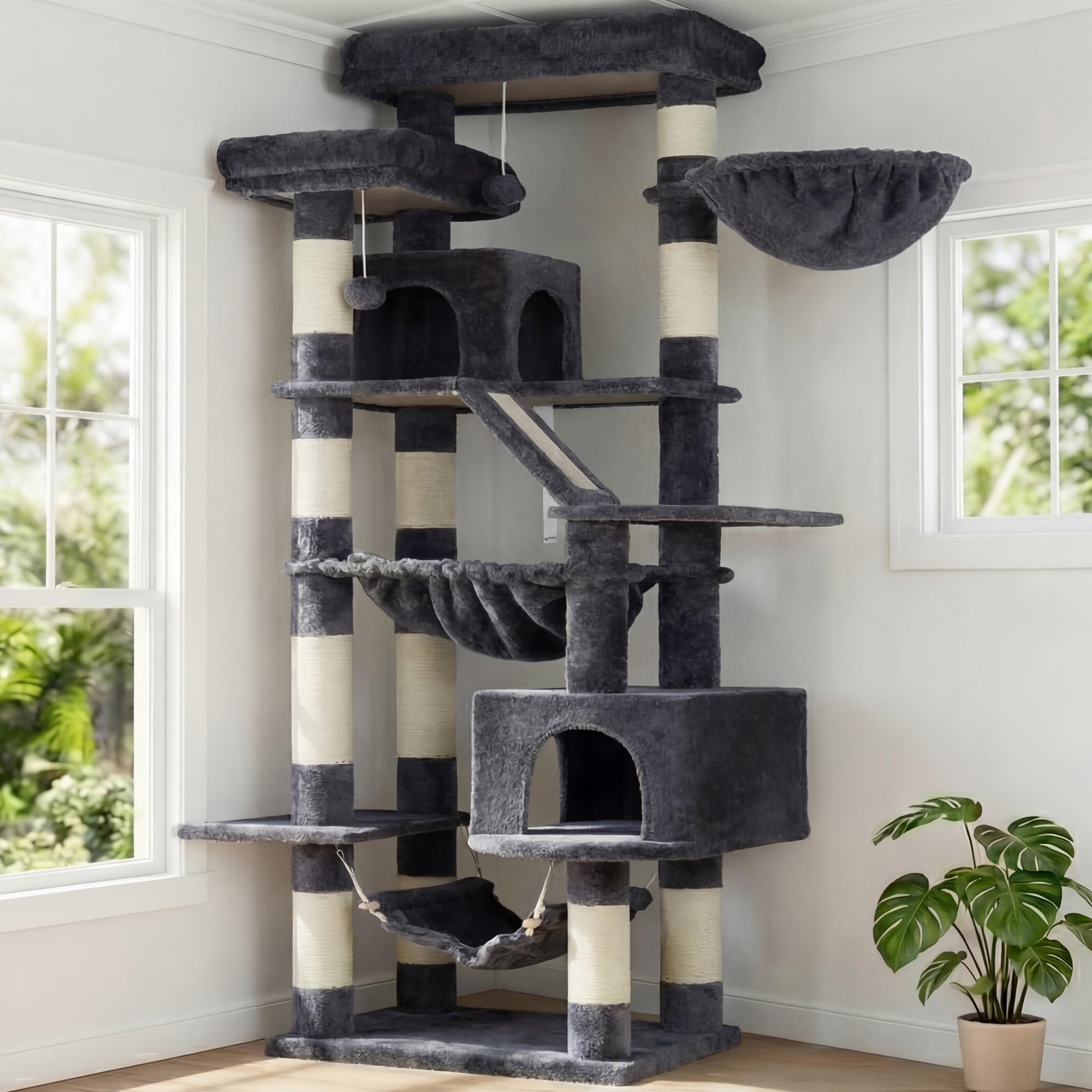 Heybly Torre para Gatos Grandes — Árbol Multinivel con Perchas Anchas, Cueva y Tablero Rascador para Gatos de hasta 9 kg