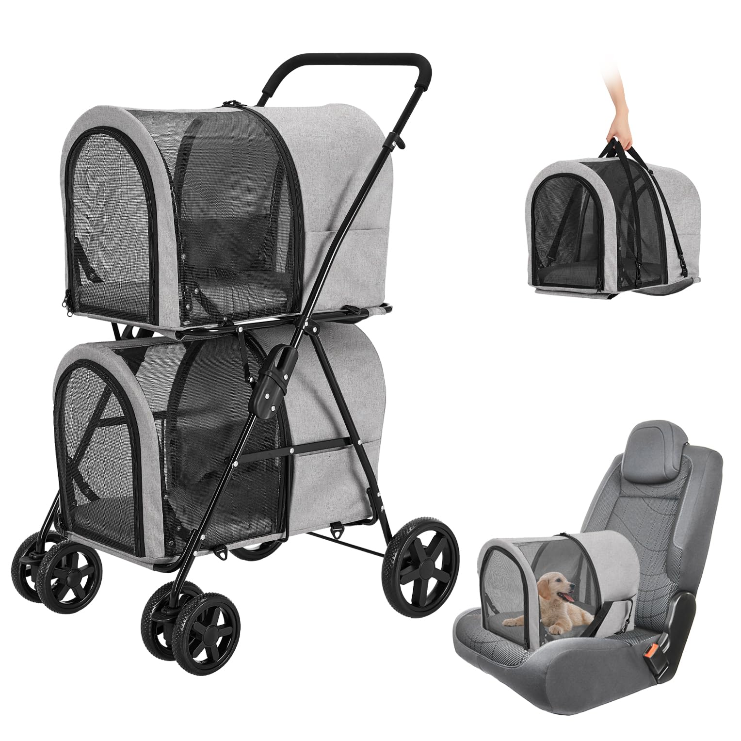 LPOTIUS Carriola Doble para Perros y Gatos con 2 Transportadoras Desmontables — Carreola Plegable con 4 Ruedas para Mascotas Pequeñas y Medianas