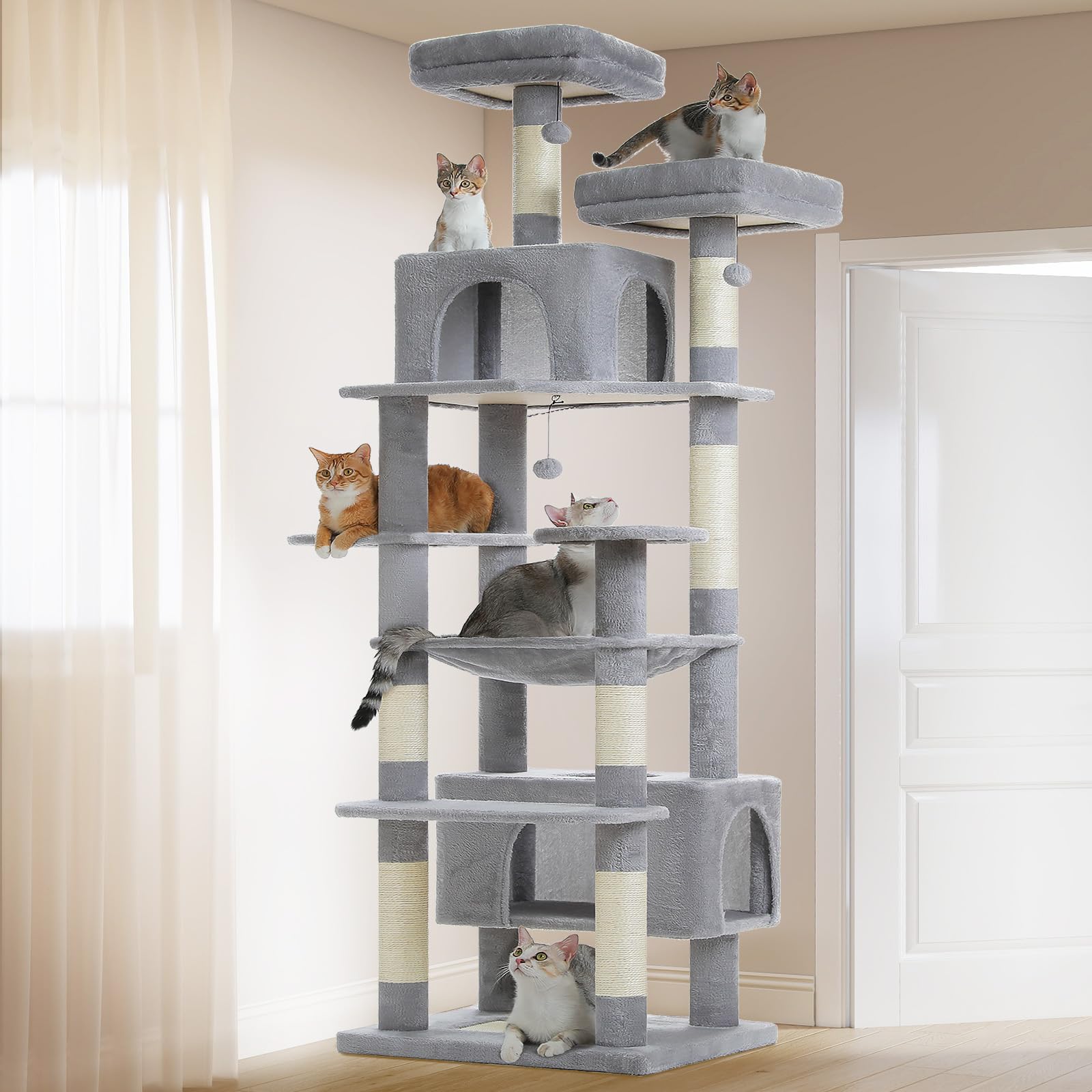PAWZ Road 72-81 Inches Large Cat Tree, Tall Cat Tower with Large Mental Hammock for Indoor Cats Adults,7 Sisal-Covered Scratching Posts, 2 Padded Perches, Condos, and Basket