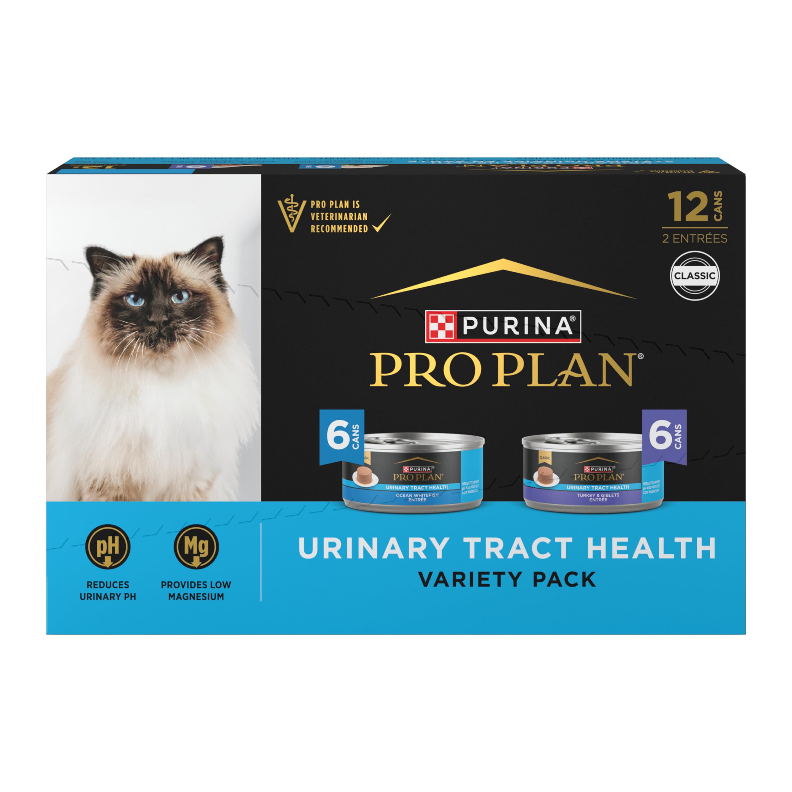 Purina Pro Plan Salud del Tracto Urinario — Alimento Húmedo para Gatos en Paté, Sabores Pavo con Menudencias y Pescado Blanco del Océano, Paquete Variado de 12 Latas de 155 g