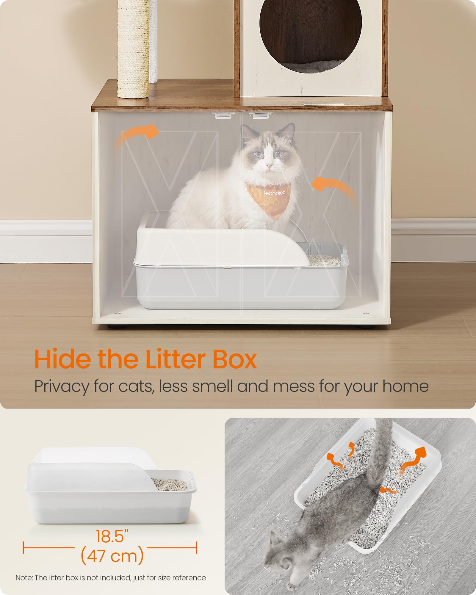 Feandrea Torre Rascador para Gato con Mueble para Arenero Integrado — Centro de Actividades 2 en 1 con Cojines Lavables y Postes de Sisal