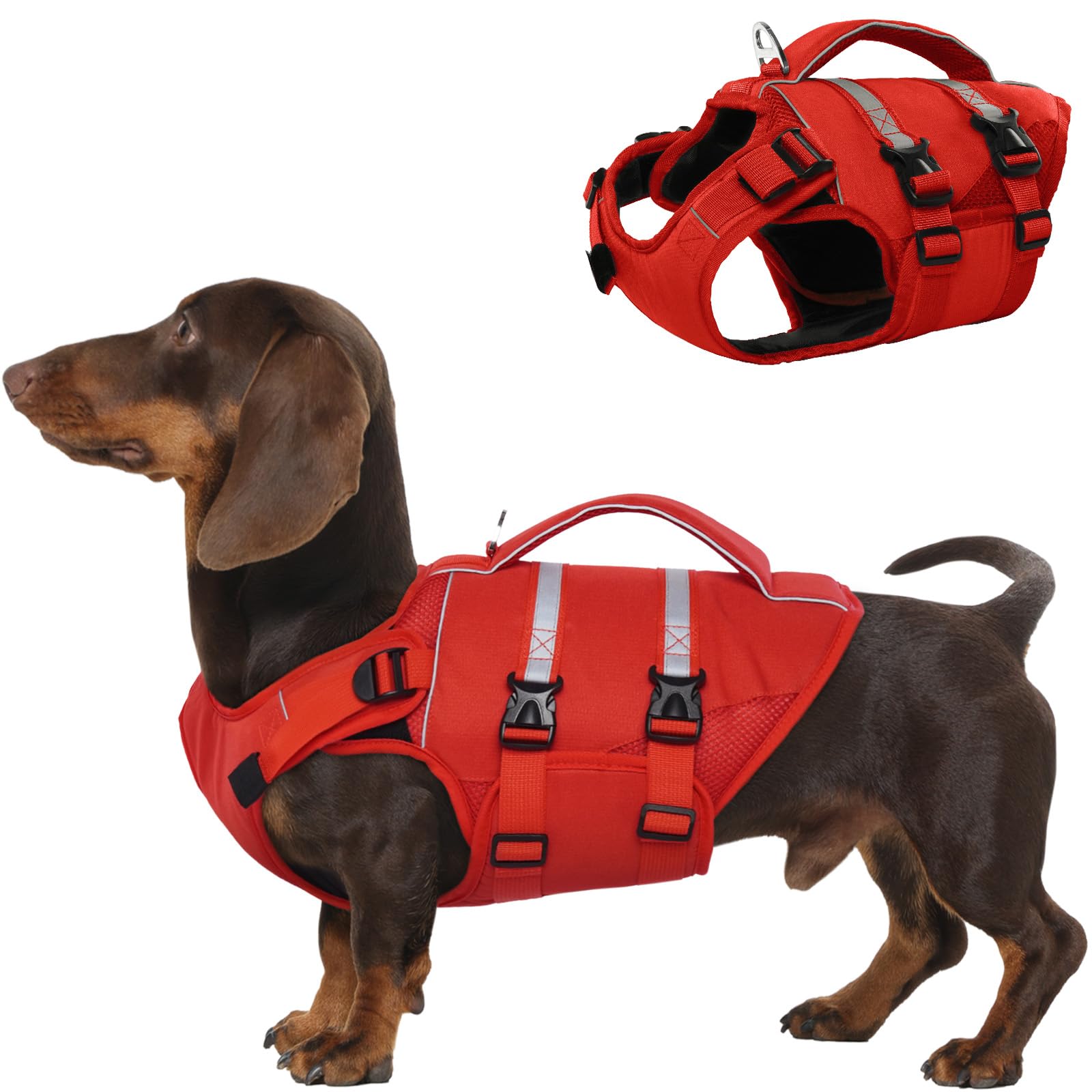 Kuoser — Chaleco Salvavidas con Alta Flotación, Tiras Reflectantes y Asa de Rescate para Perros