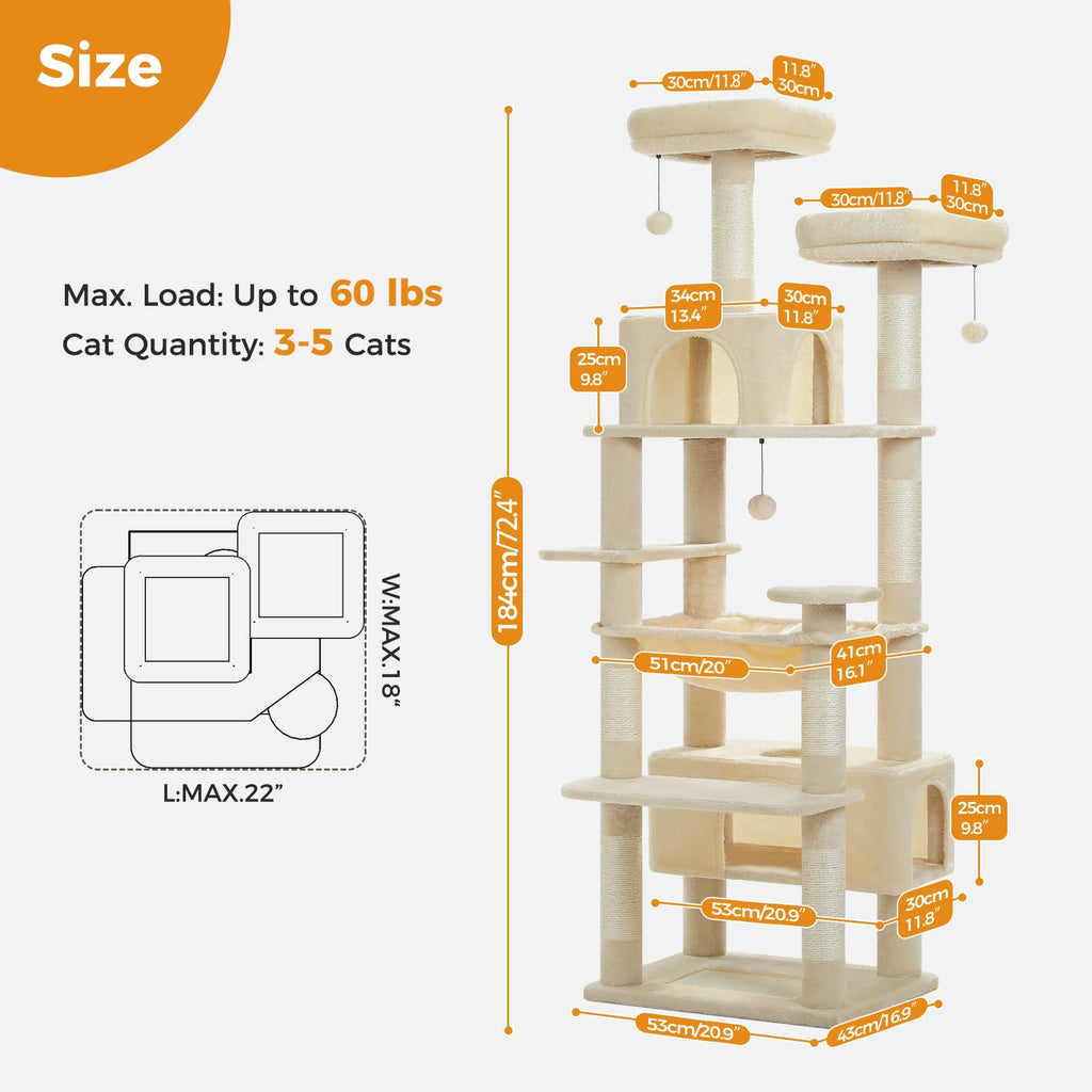 PAWZ Road 72-81 Inches Large Cat Tree, Tall Cat Tower with Large Mental Hammock for Indoor Cats Adults,7 Sisal-Covered Scratching Posts, 2 Padded Perches, Condos, and Basket