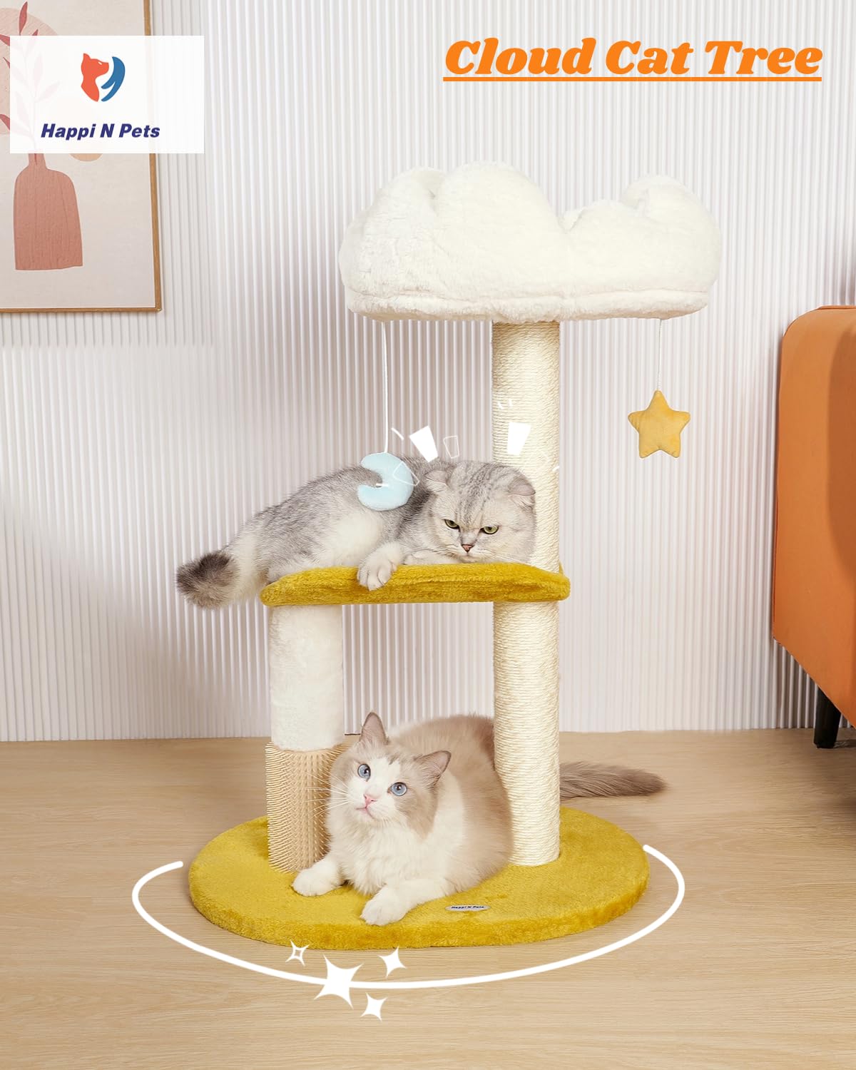 Happi N Pets Cloud — Torre Rascador con Cama, Percha y Juguetes para Gato