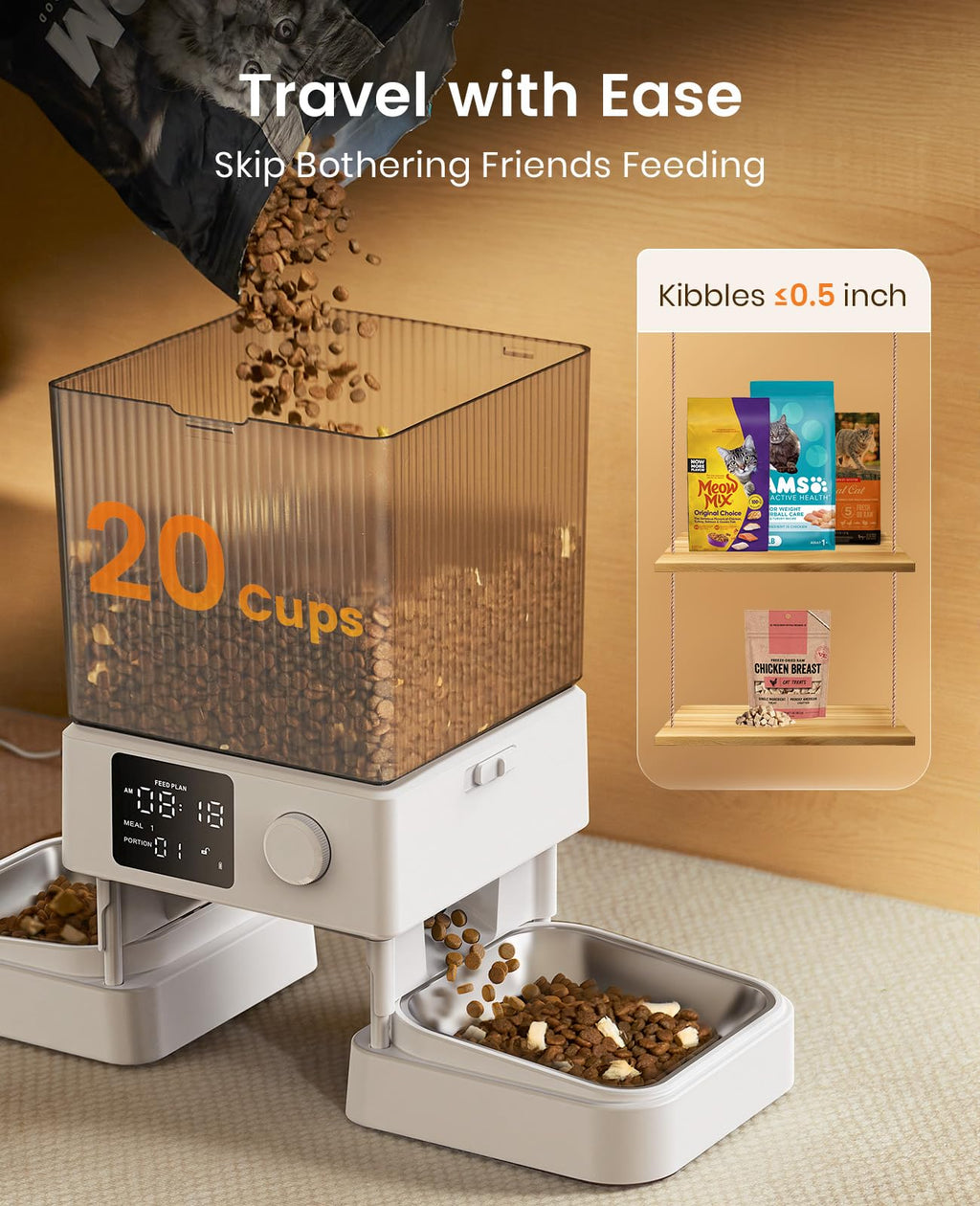 Oneisall — Comedero Automático para 2 Gatos y Mascotas Pequeñas con Dispensador de Alimento de 5L / 20 Tazas