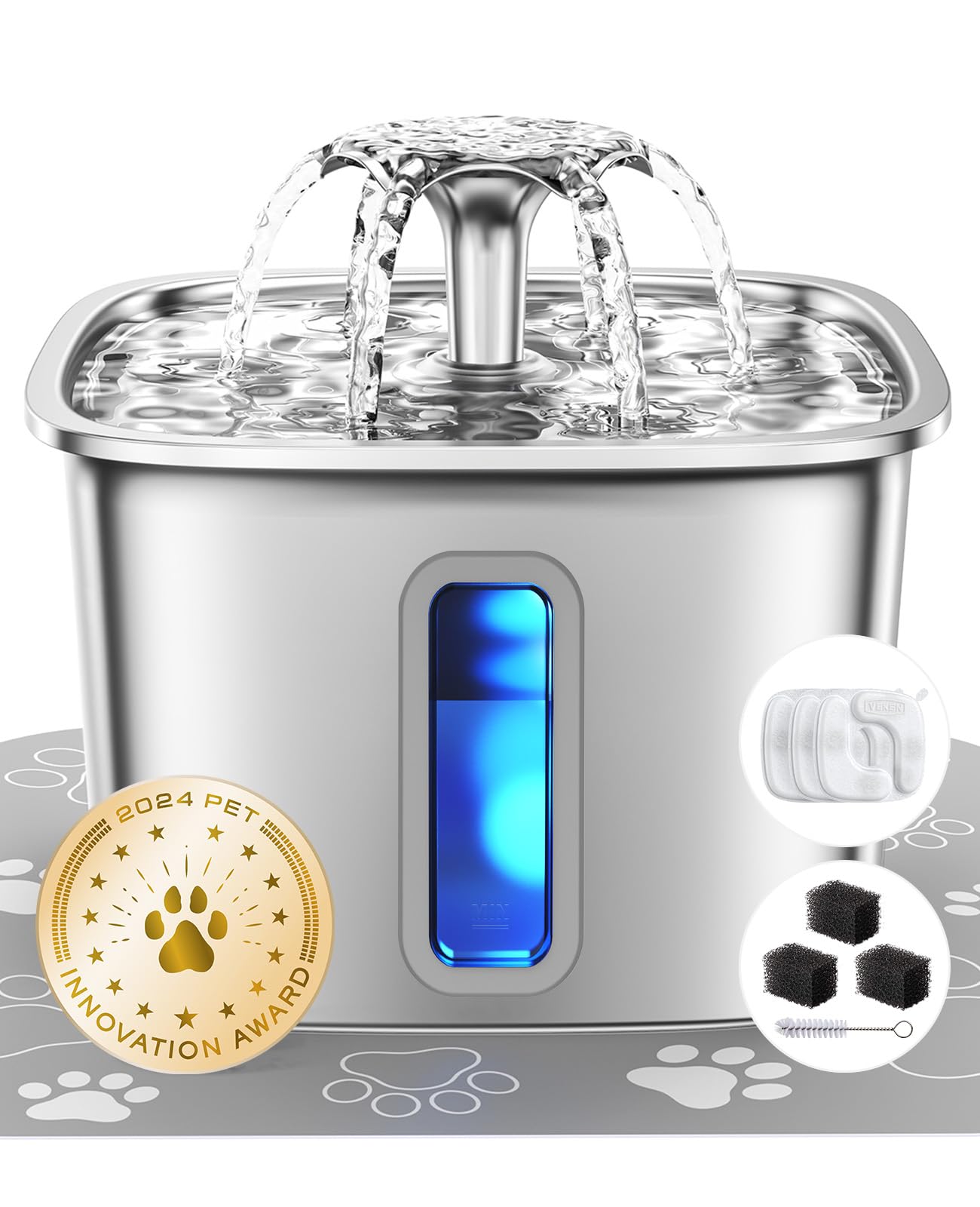 Veken — Fuente de Agua para Mascotas en Acero Inoxidable con Filtros de Repuesto y Tapete de Silicona para Gatos y Perros