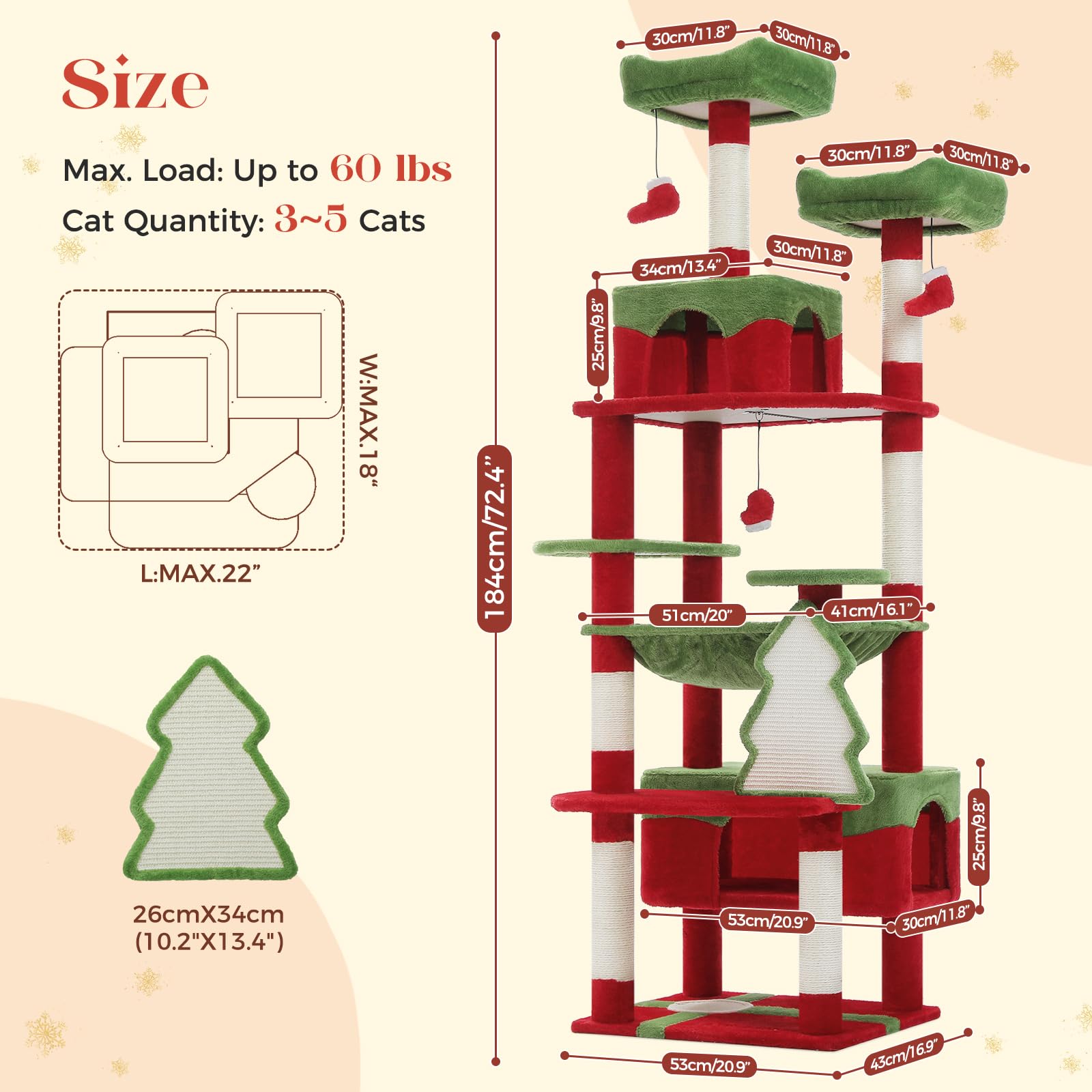 PAWZ Road 72-81 Inches Large Cat Tree, Tall Cat Tower with Large Mental Hammock for Indoor Cats Adults,7 Sisal-Covered Scratching Posts, 2 Padded Perches, Condos, and Basket