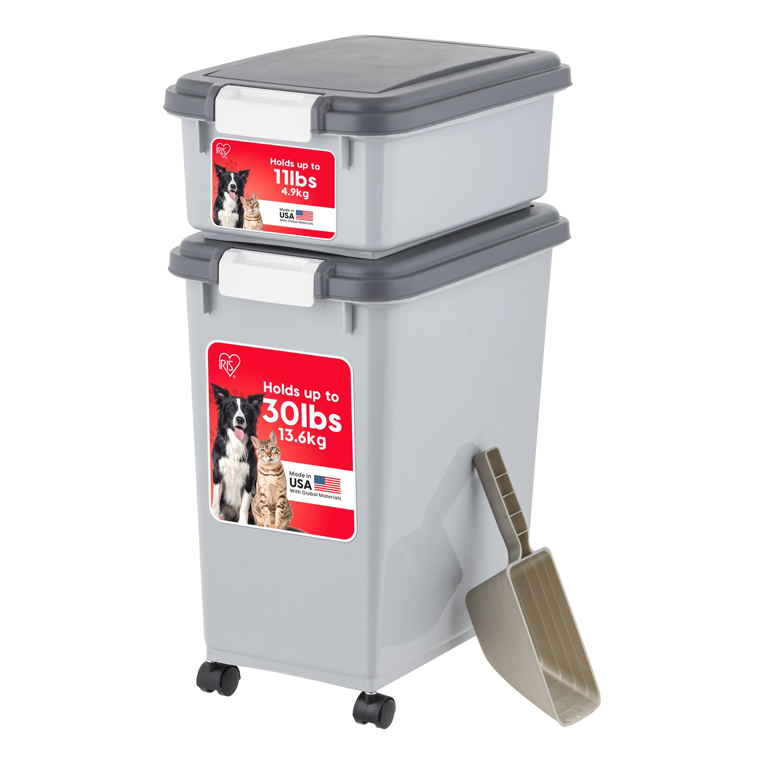 IRIS USA — Contenedor Hermético para Alimento de Perro y Gato, Combo 30 lbs y 11 lbs, Apilable con Ruedas y Taza Medidora de 2 Tazas
