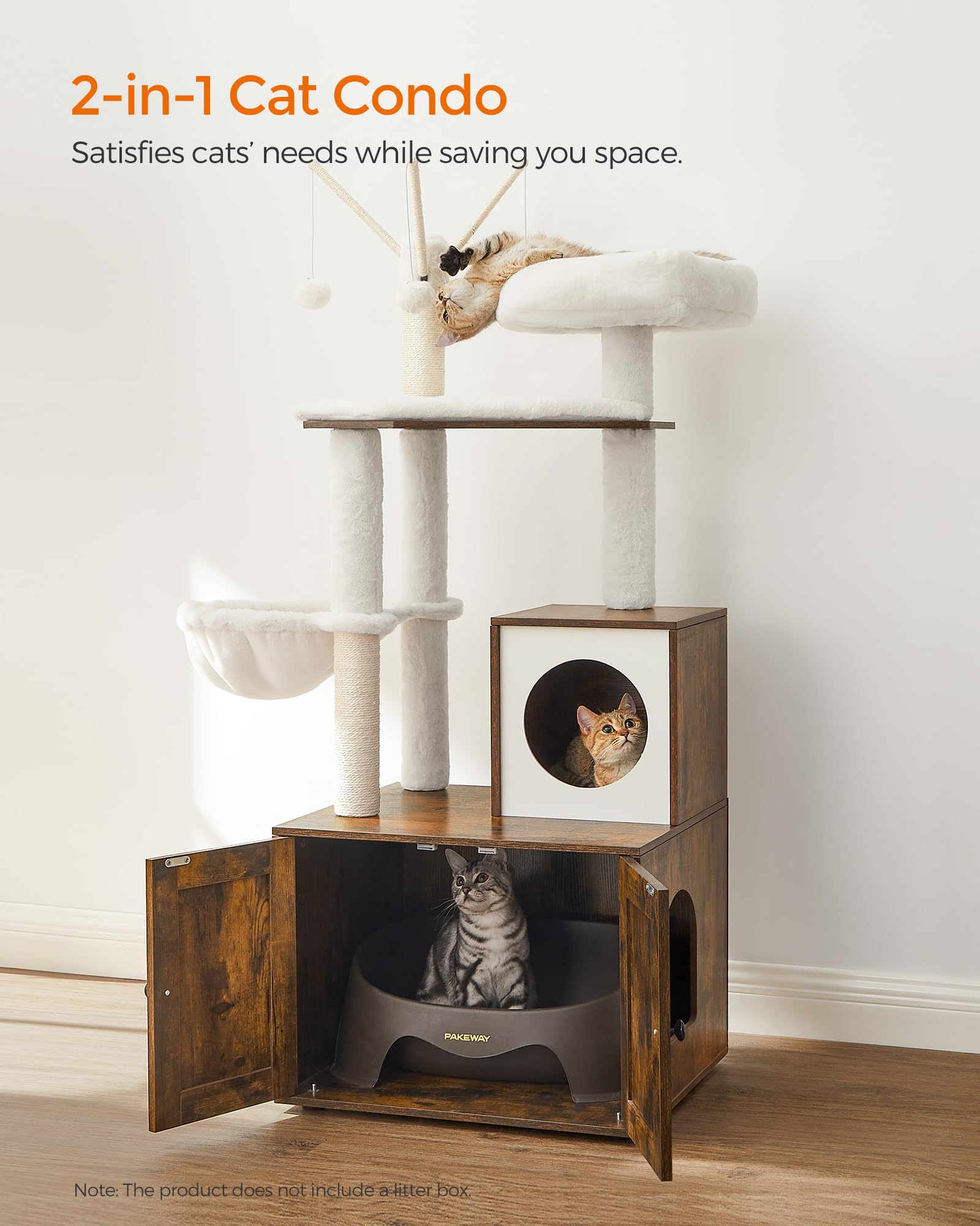 Feandrea Torre Rascador para Gato con Mueble para Arenero Integrado — Centro de Actividades 2 en 1 con Cojines Lavables y Postes de Sisal