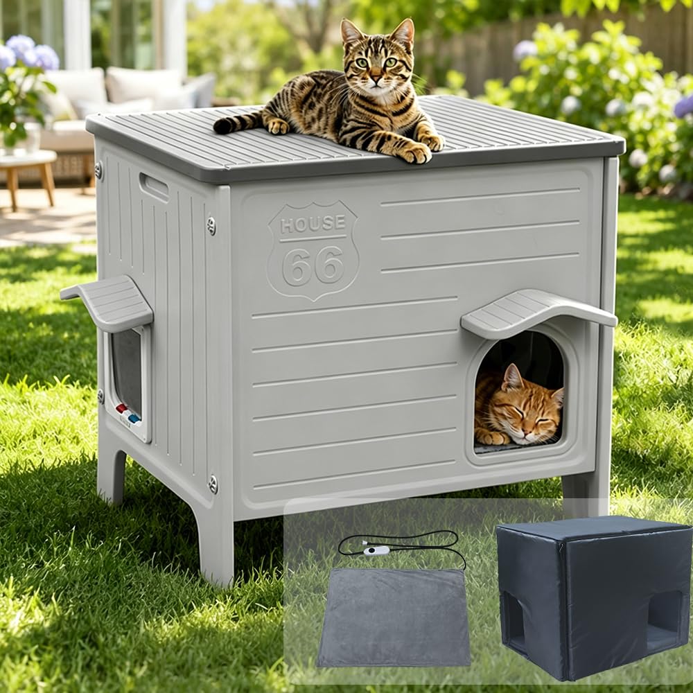 Rockever — Casa Exterior para Gatos con Aislamiento Térmico y Puerta de Escape, Refugio de Plástico para Interior y Exterior