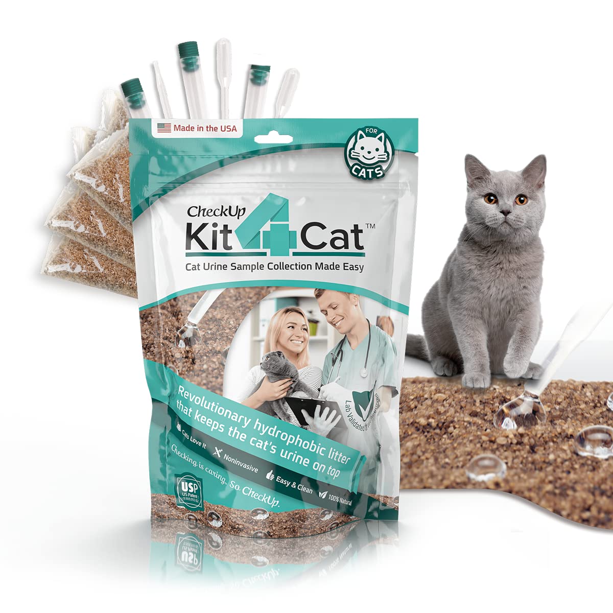 KIT4CAT CheckUp — Kit de Análisis de Orina en Casa para Gato | Arena Hidrofóbica + 2 Tiras Reactivas para 10 Parámetros