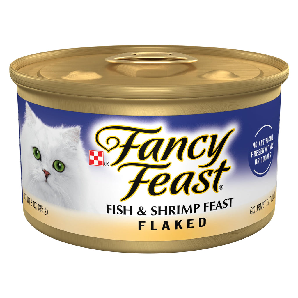 Purina Fancy Feast Alimento Húmedo para Gatos Adultos Sabor Pescado y Camarón en Hojuelas — Paquete de 24 Latas de 85g