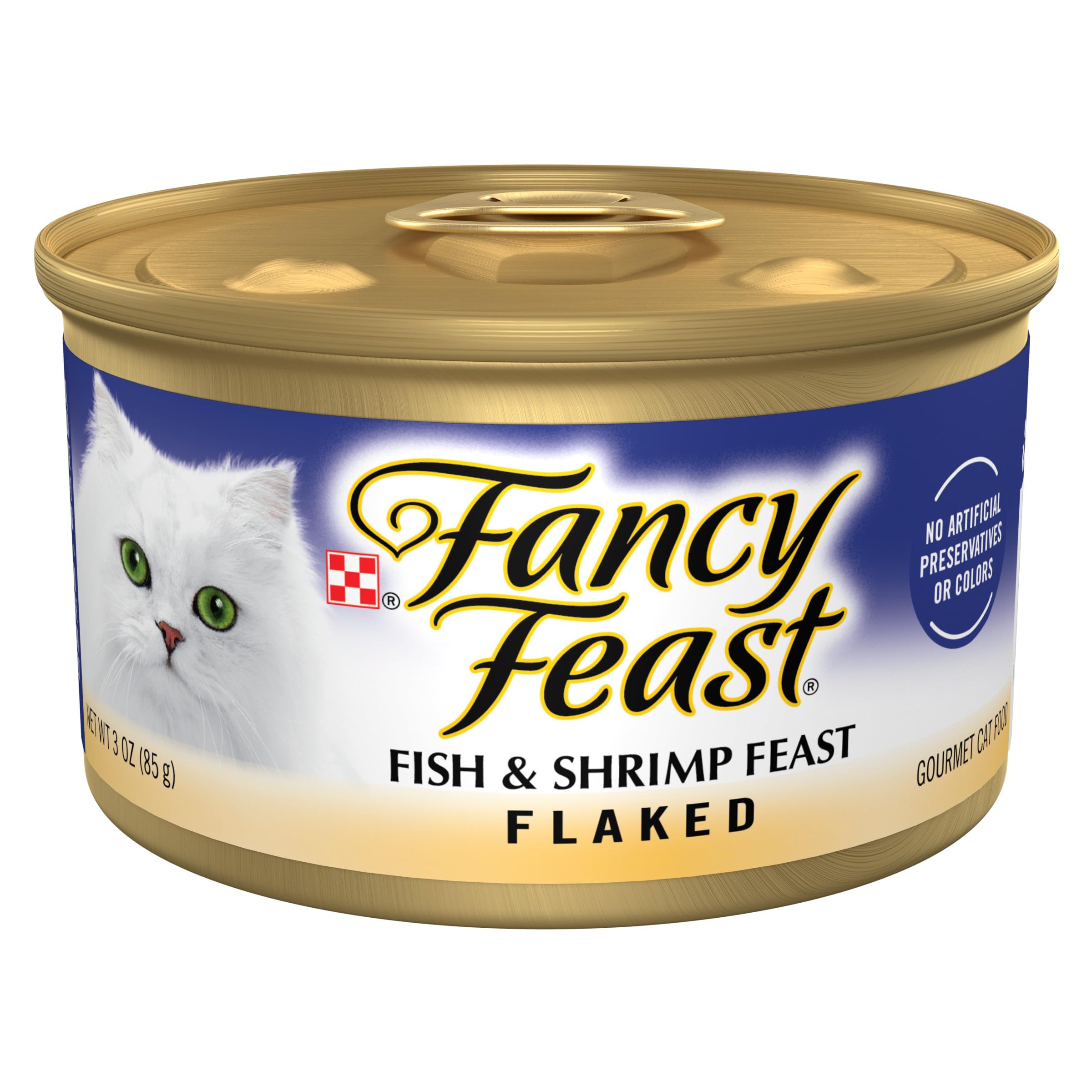Purina Fancy Feast Alimento Húmedo para Gatos Adultos Sabor Pescado y Camarón en Hojuelas — Paquete de 24 Latas de 85g