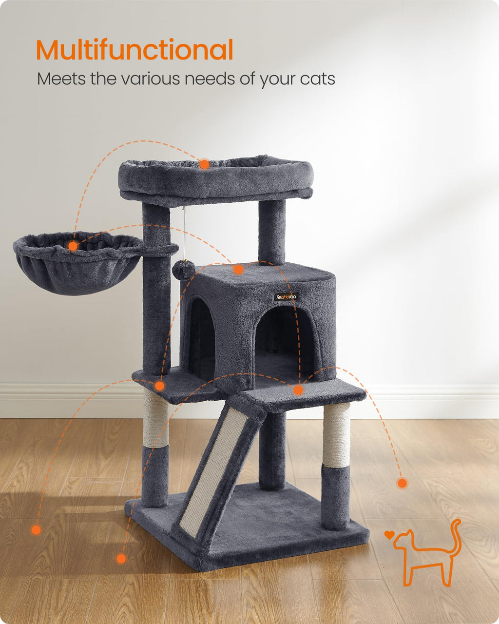 Feandrea Torre para Gatos Multinivel — Árbol Rascador con Percha Ampliada para Gatos Grandes y Cachorros, 96 cm
