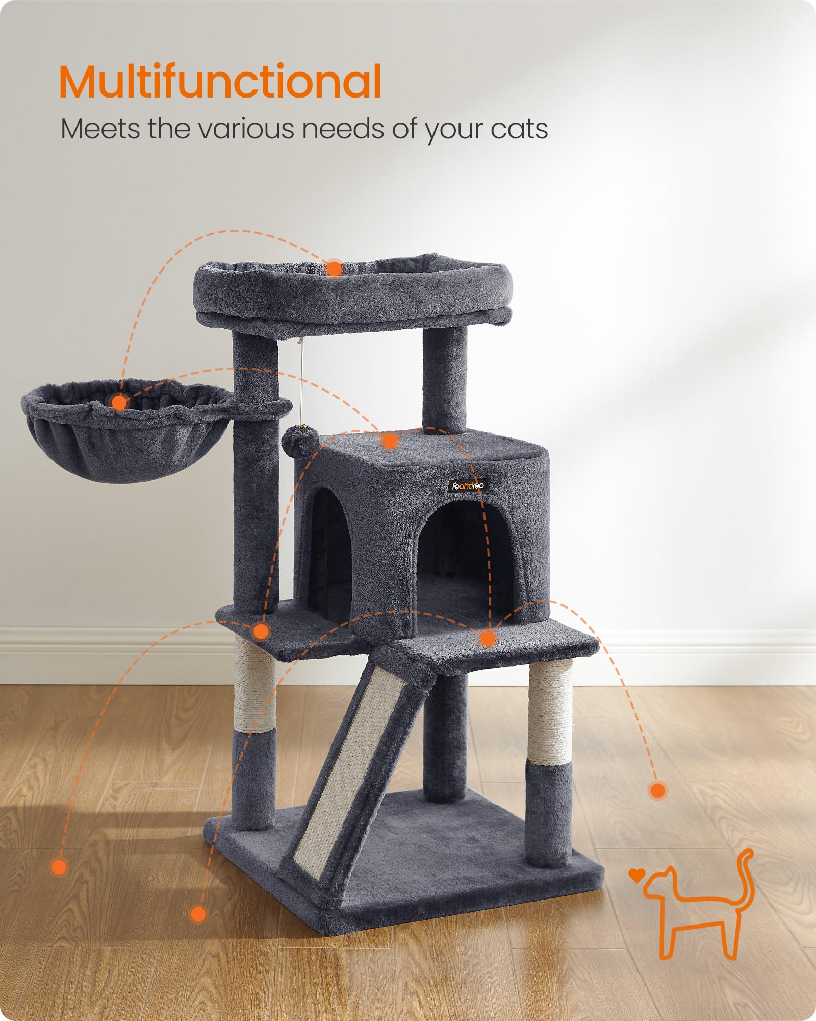 Feandrea Torre para Gatos Multinivel — Árbol Rascador con Percha Ampliada para Gatos Grandes y Cachorros, 96 cm