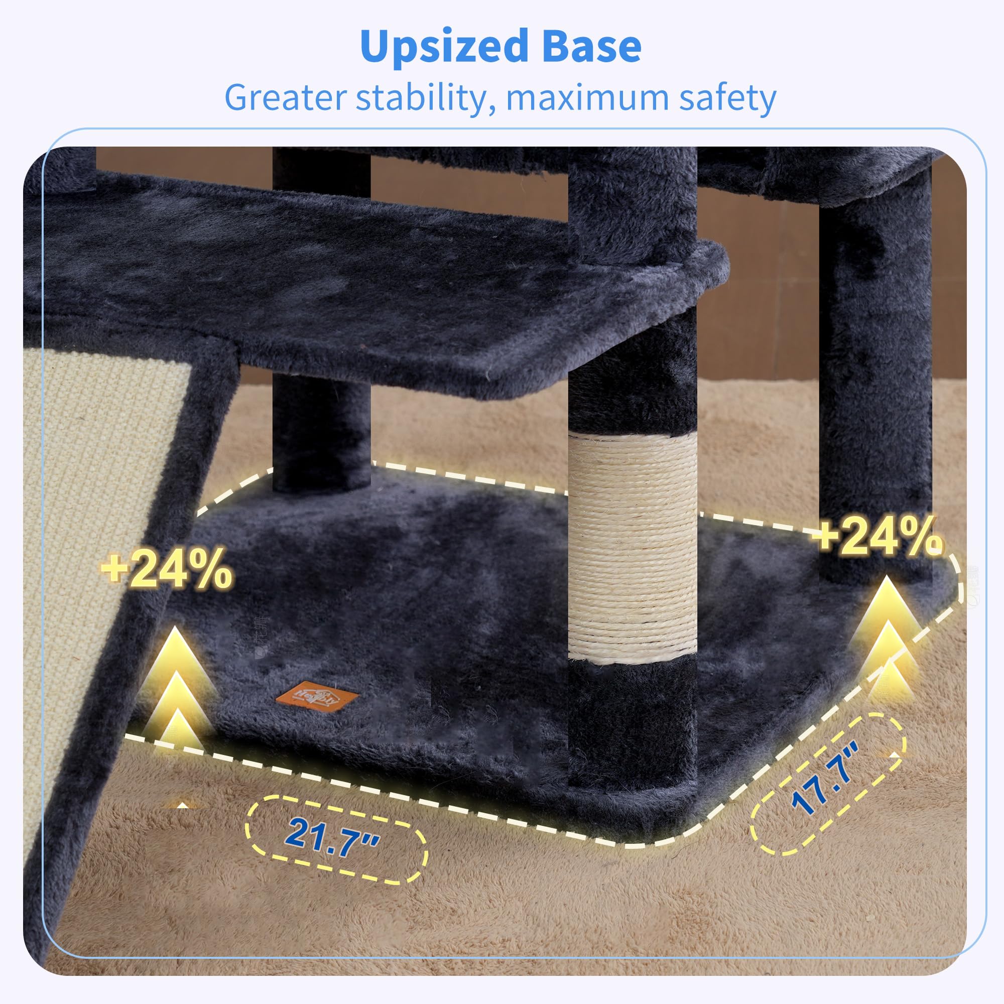 Heybly Torre para Gatos Grandes — Árbol Multinivel con Perchas Anchas, Cueva y Tablero Rascador para Gatos de hasta 9 kg