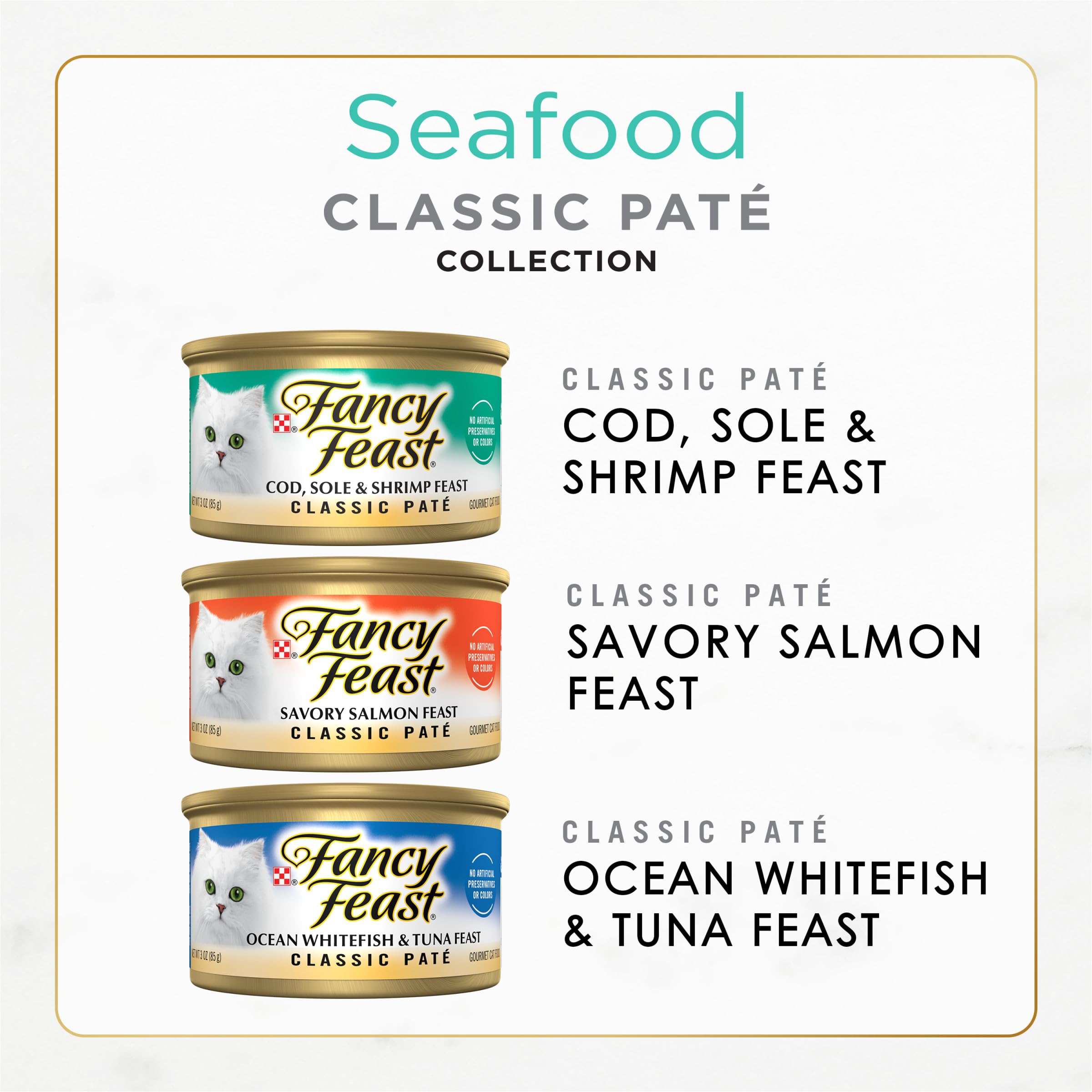 Purina Fancy Feast Colección Clásica de Mariscos en Paté — Alimento Húmedo para Gatos sin Granos, Variedad de Bacalao, Salmón, Camarón y Atún, Pack de 36 Latas de 85g