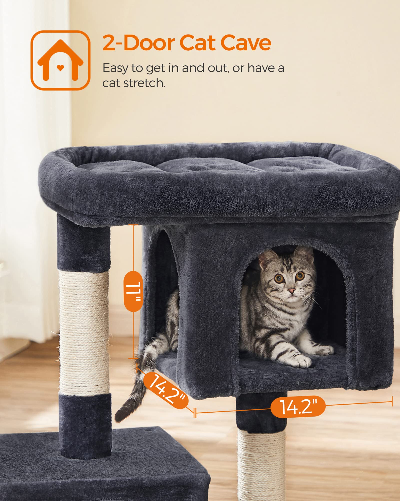 Feandrea — Torre Rascador para Gatos con Condo, Perchas y Postes de Sisal