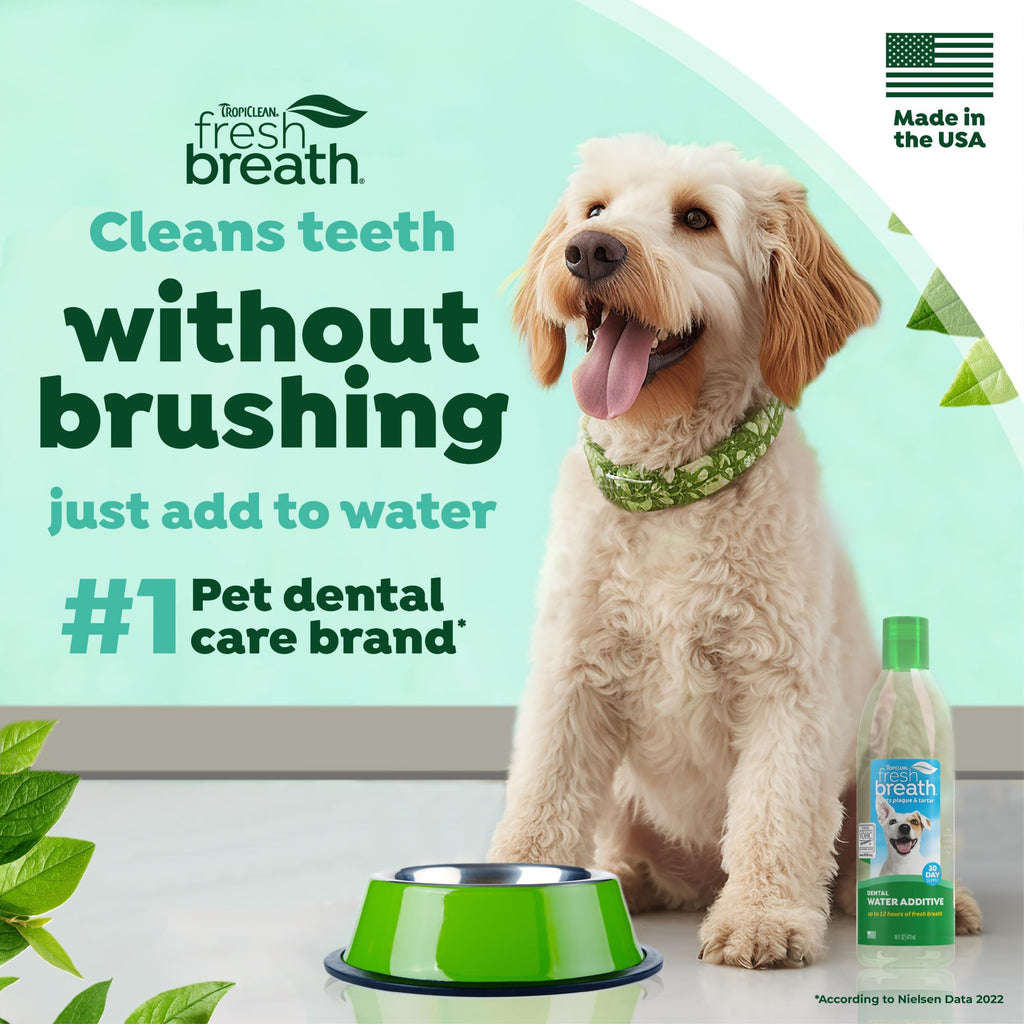 TropiClean Fresh Breath — Aditivo Dental para Agua, Limpieza de Dientes y Aliento Fresco para Perros