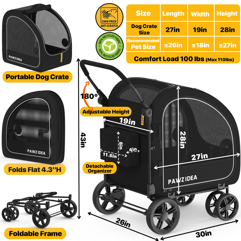 PAWZIDEA 3-in-1 Large Dog Stroller with Detachable Carrier up to 80lbs, Portable Dog Car Crate & Travel Kennel, Foldable Pet Stroller for 2 Medium Dogs, All-Terrain 9” Jogger Wheels, Adjustable Handle
