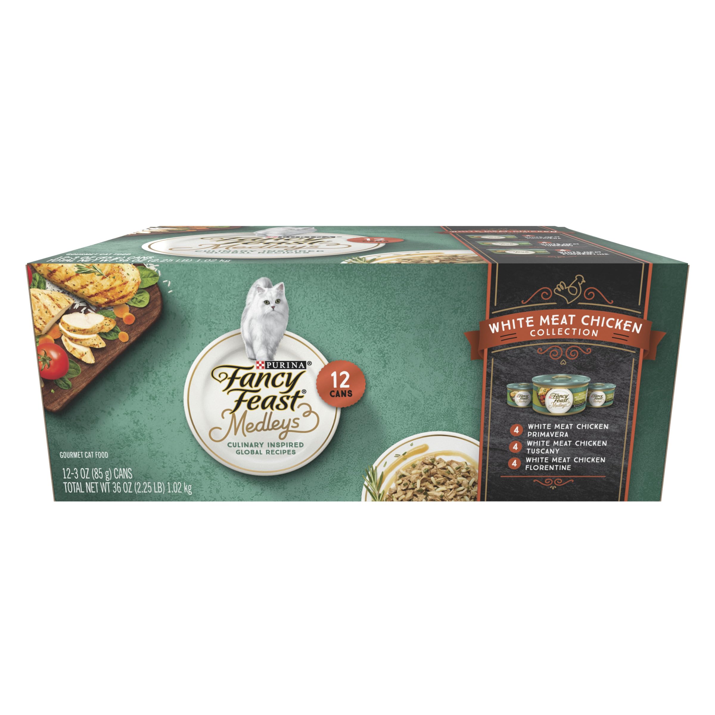 Purina Fancy Feast Medleys — Alimento Húmedo para Gatos Adultos, Variedad de Pollo con Arroz, Verduras y Salsa, Pack de 12 Latas de 85g