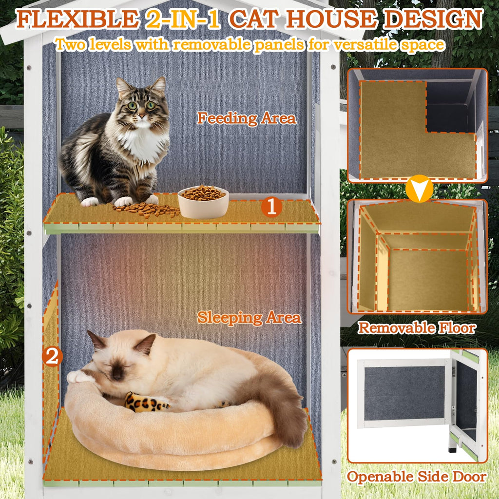 PetsCosset — Casa para Gatos de Madera de Dos Pisos con Techo Impermeable Abatible y Puertas de Escape para Uso Exterior e Interior