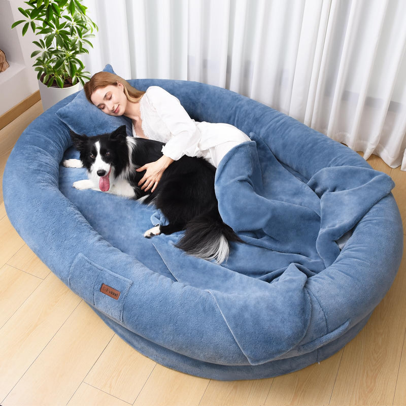 Cama Tamaño Humano para Perros y Adultos con Almohada y Cobija — Felpa Ortopédica Lavable y Removible para Mascotas Grandes