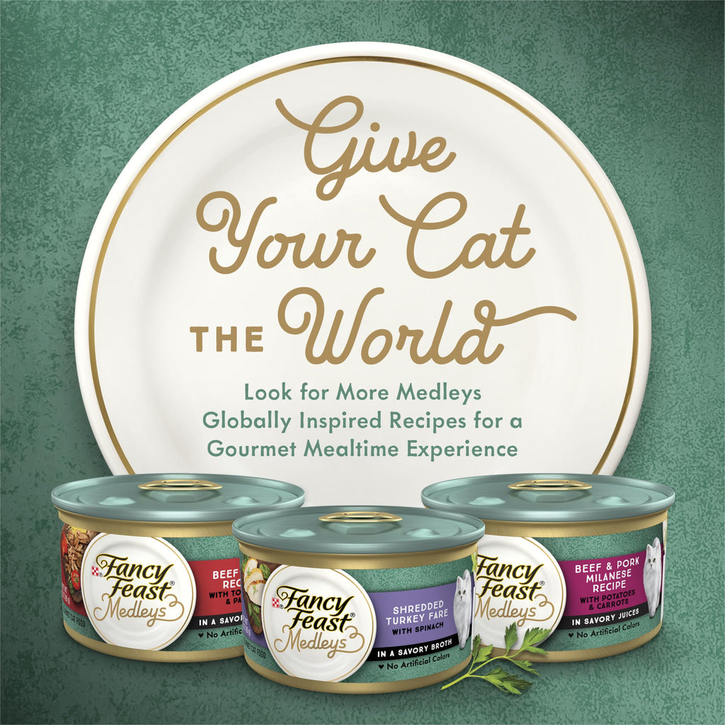 Purina Fancy Feast Medleys — Alimento Húmedo para Gatos Adultos, Variedad de Pollo con Arroz, Verduras y Salsa, Pack de 12 Latas de 85g