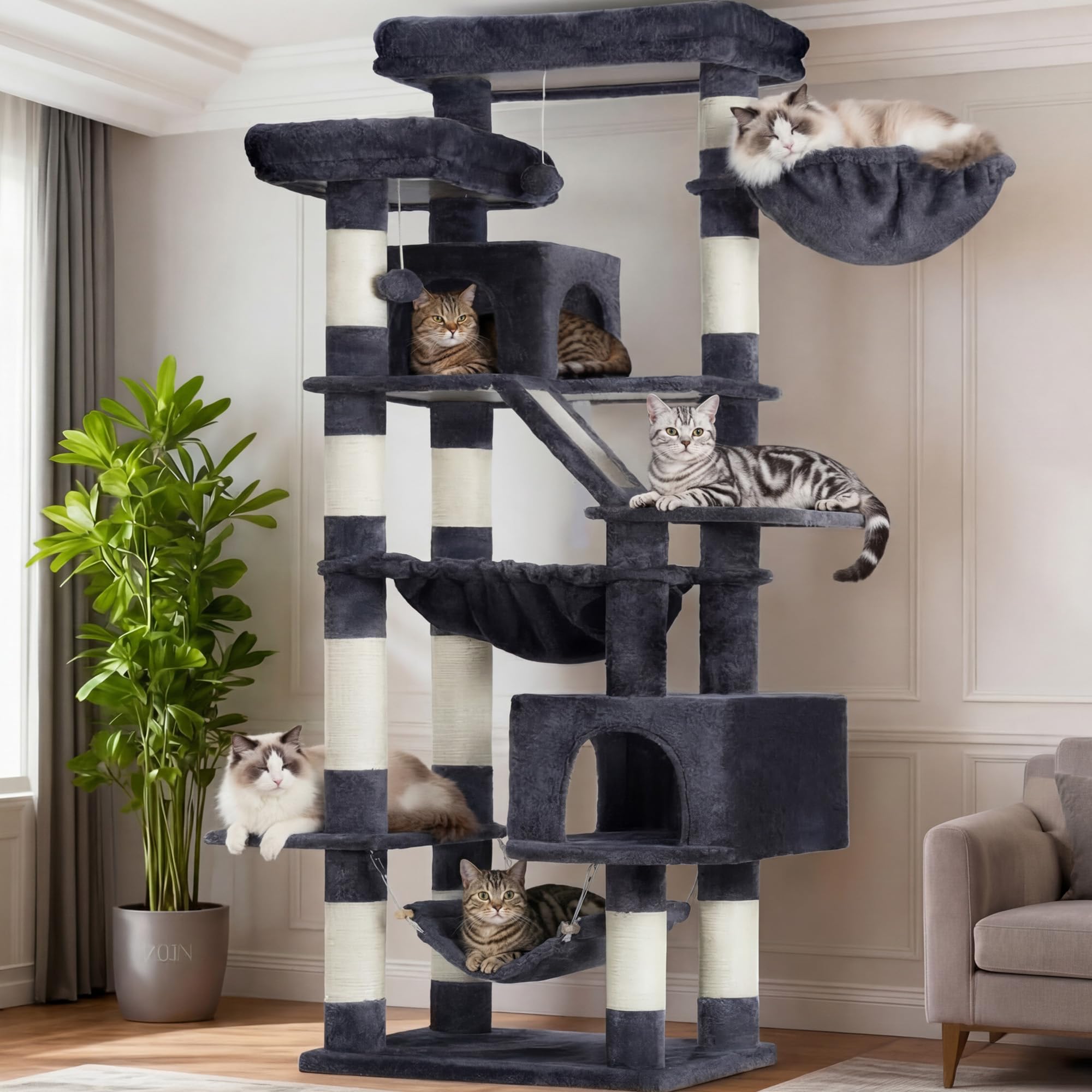 Heybly Torre para Gatos Grandes — Árbol Multinivel con Perchas Anchas, Cueva y Tablero Rascador para Gatos de hasta 9 kg