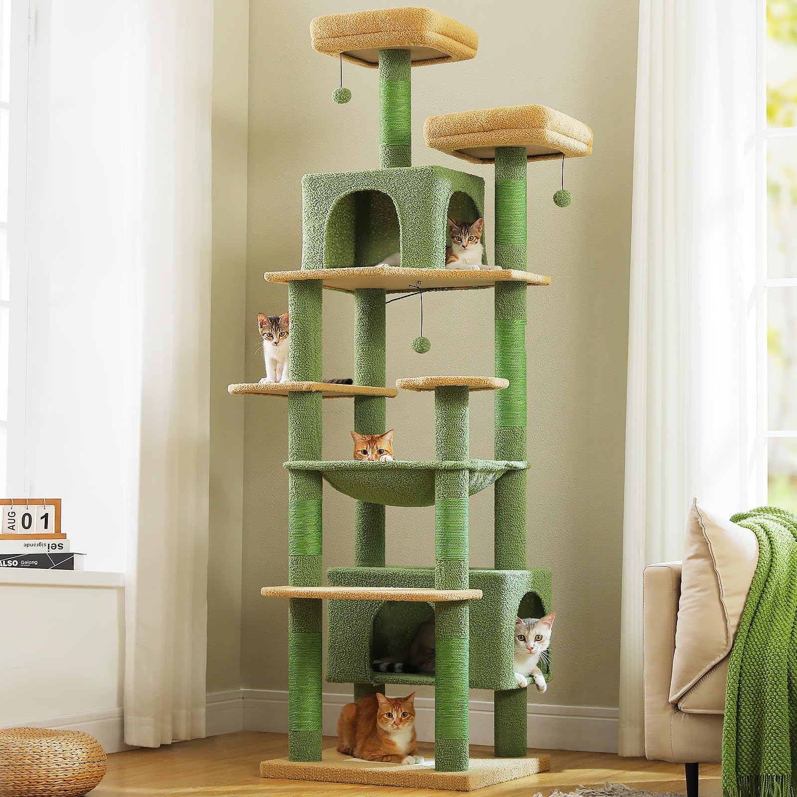 PAWZ Road 72-81 Inches Large Cat Tree, Tall Cat Tower with Large Mental Hammock for Indoor Cats Adults,7 Sisal-Covered Scratching Posts, 2 Padded Perches, Condos, and Basket