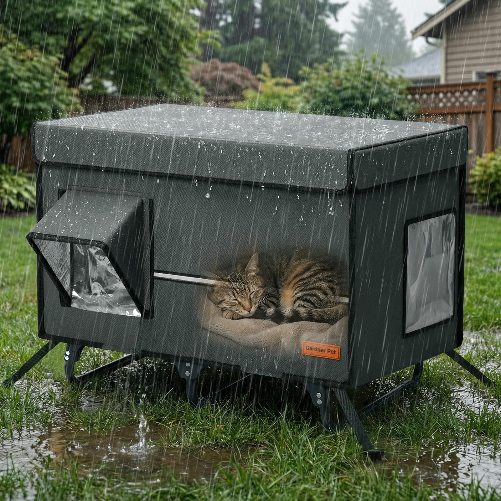 Casa Refugio Plegable para Gatos — Refugio Exterior Aislado e Impermeable con Marco Metálico, Puerta de Escape y Cojín Calefactor para Gatos y Animales Pequeños