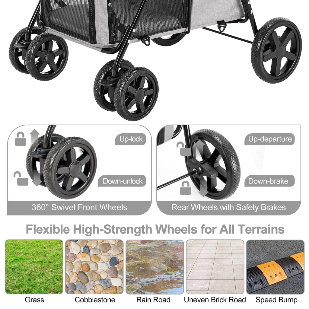 LPOTIUS Carriola Doble para Perros y Gatos con 2 Transportadoras Desmontables — Carreola Plegable con 4 Ruedas para Mascotas Pequeñas y Medianas