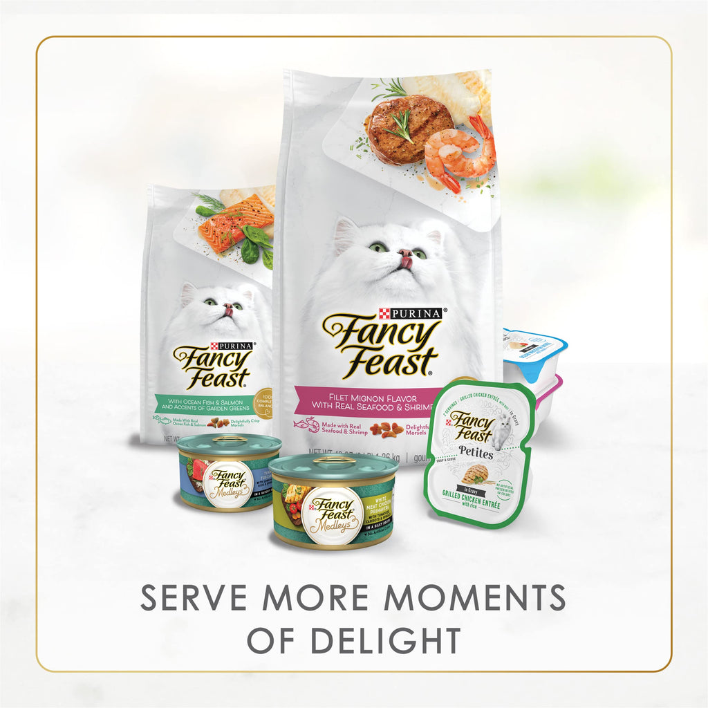 Purina Fancy Feast Alimento Húmedo para Gatos Adultos Sabor Pescado y Camarón en Hojuelas — Paquete de 24 Latas de 85g
