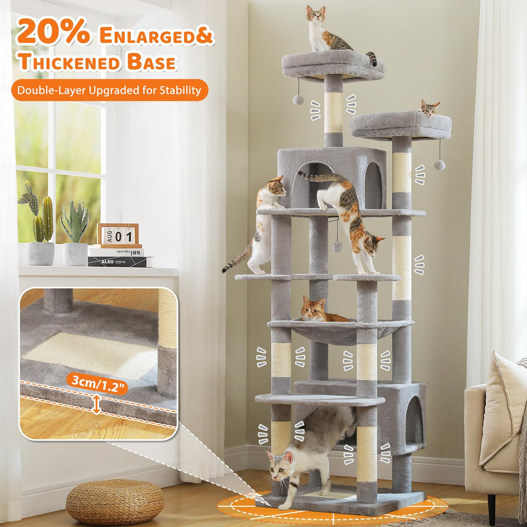 PAWZ Road 72-81 Inches Large Cat Tree, Tall Cat Tower with Large Mental Hammock for Indoor Cats Adults,7 Sisal-Covered Scratching Posts, 2 Padded Perches, Condos, and Basket