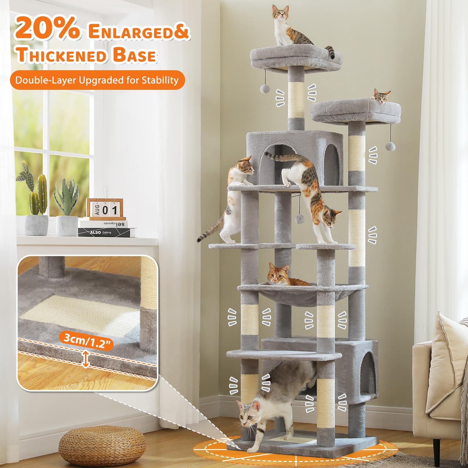 PAWZ Road 72-81 Inches Large Cat Tree, Tall Cat Tower with Large Mental Hammock for Indoor Cats Adults,7 Sisal-Covered Scratching Posts, 2 Padded Perches, Condos, and Basket