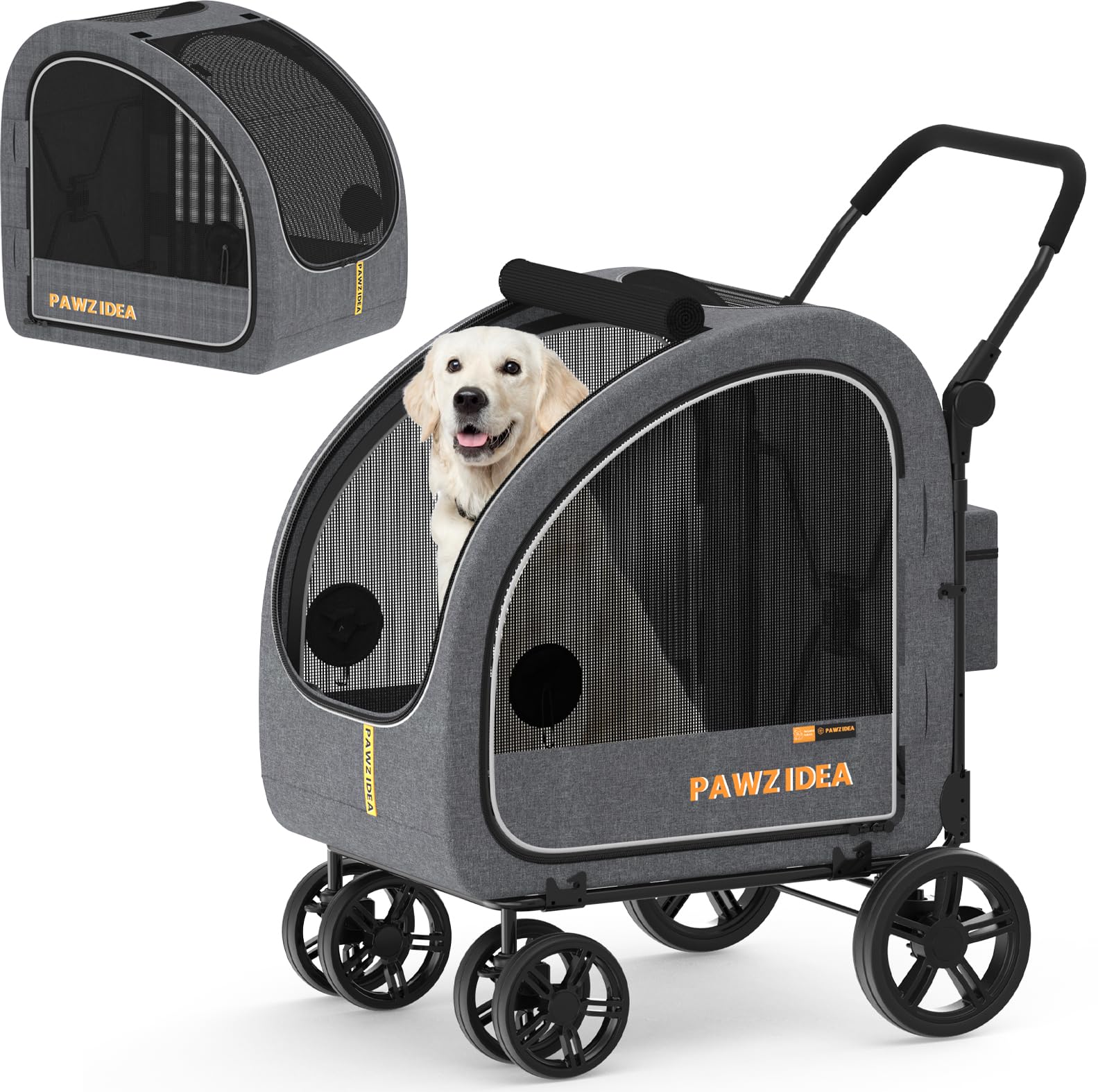 PAWZIDEA 3-in-1 Large Dog Stroller with Detachable Carrier up to 80lbs, Portable Dog Car Crate & Travel Kennel, Foldable Pet Stroller for 2 Medium Dogs, All-Terrain 9” Jogger Wheels, Adjustable Handle