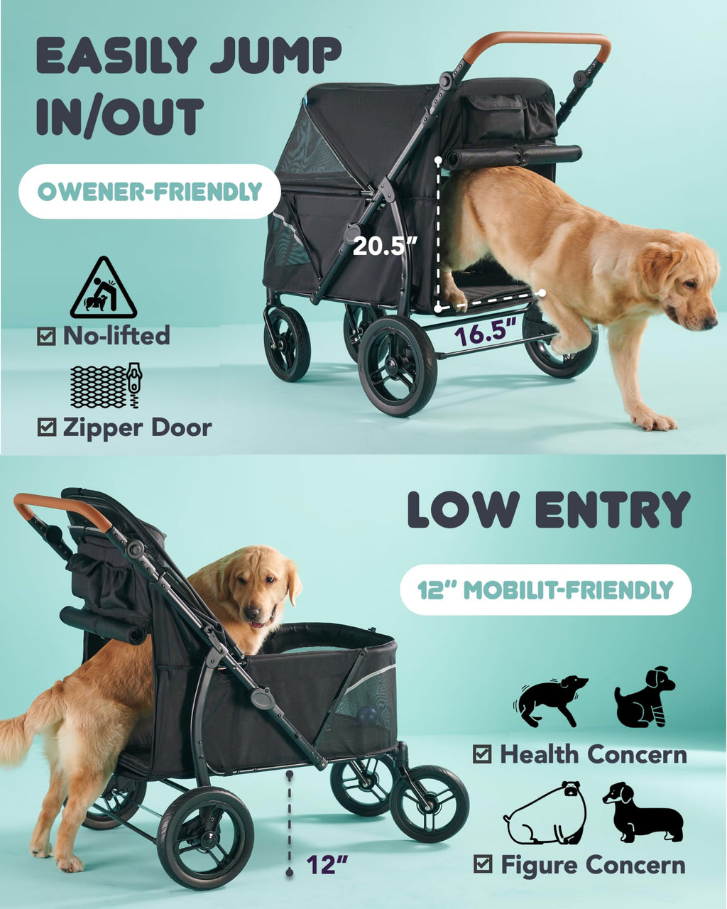 Carriola para Perros Grandes Zoosky hasta 50 kg — Carriola XL para Múltiples Mascotas con Doble Ventana de Malla, Manubrio Ajustable y Tela Oxford 1680D Resistente al Agua, Todo Terreno
