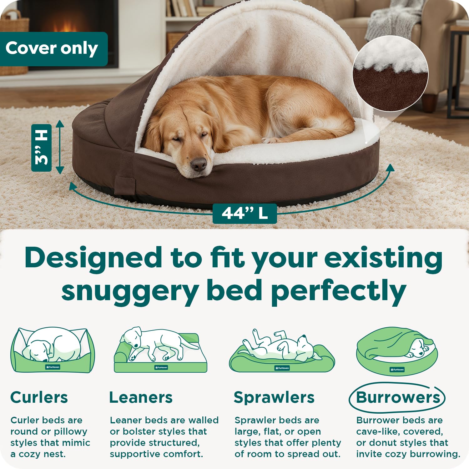 Furhaven Replacement Dog Bed Cover Sherpa & Suede Snuggery, Machine Washable - Blue, 26-inch