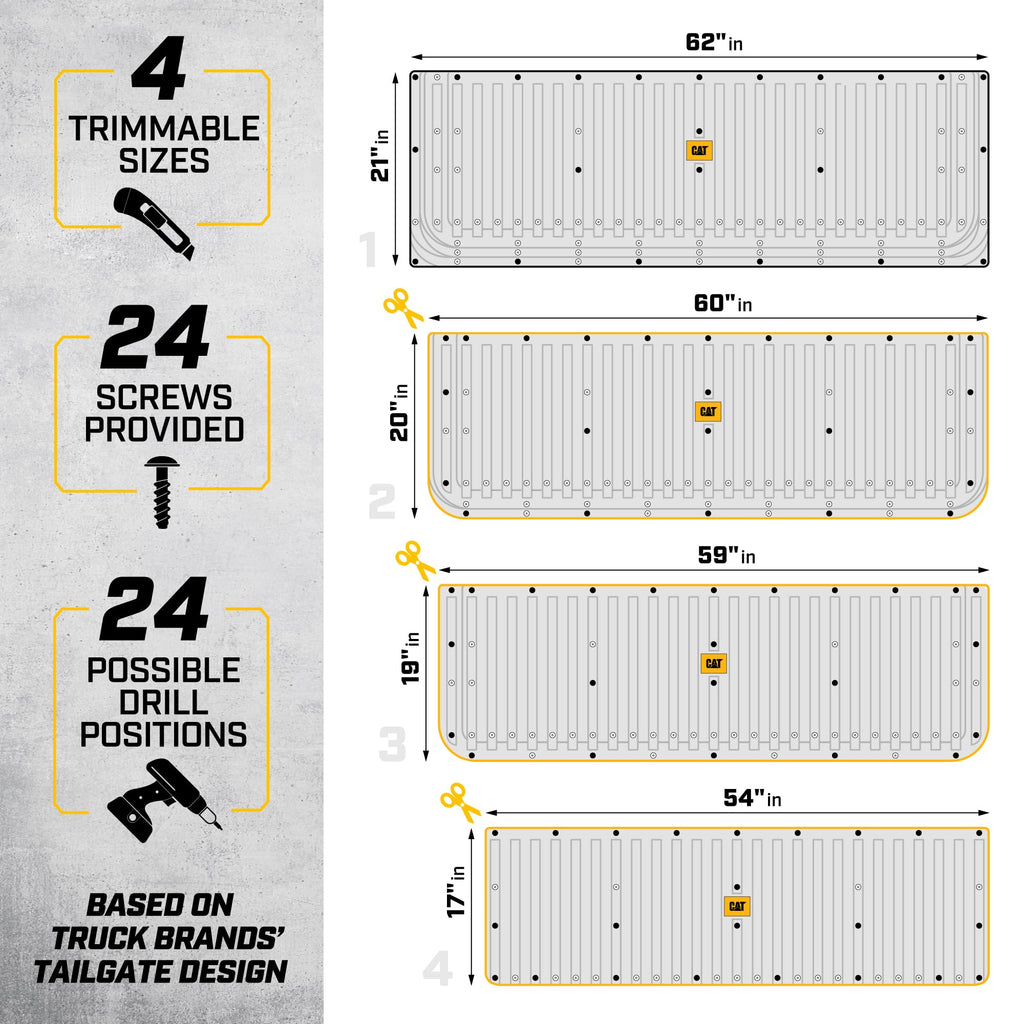 CAT Caterpillar — Tapete Protector de Compuerta Trasera para Camioneta Pick-Up, Hule Ultra Resistente de Alto Rendimiento, Universal Recortable 62" x 21" (CAMT-1509), Negro