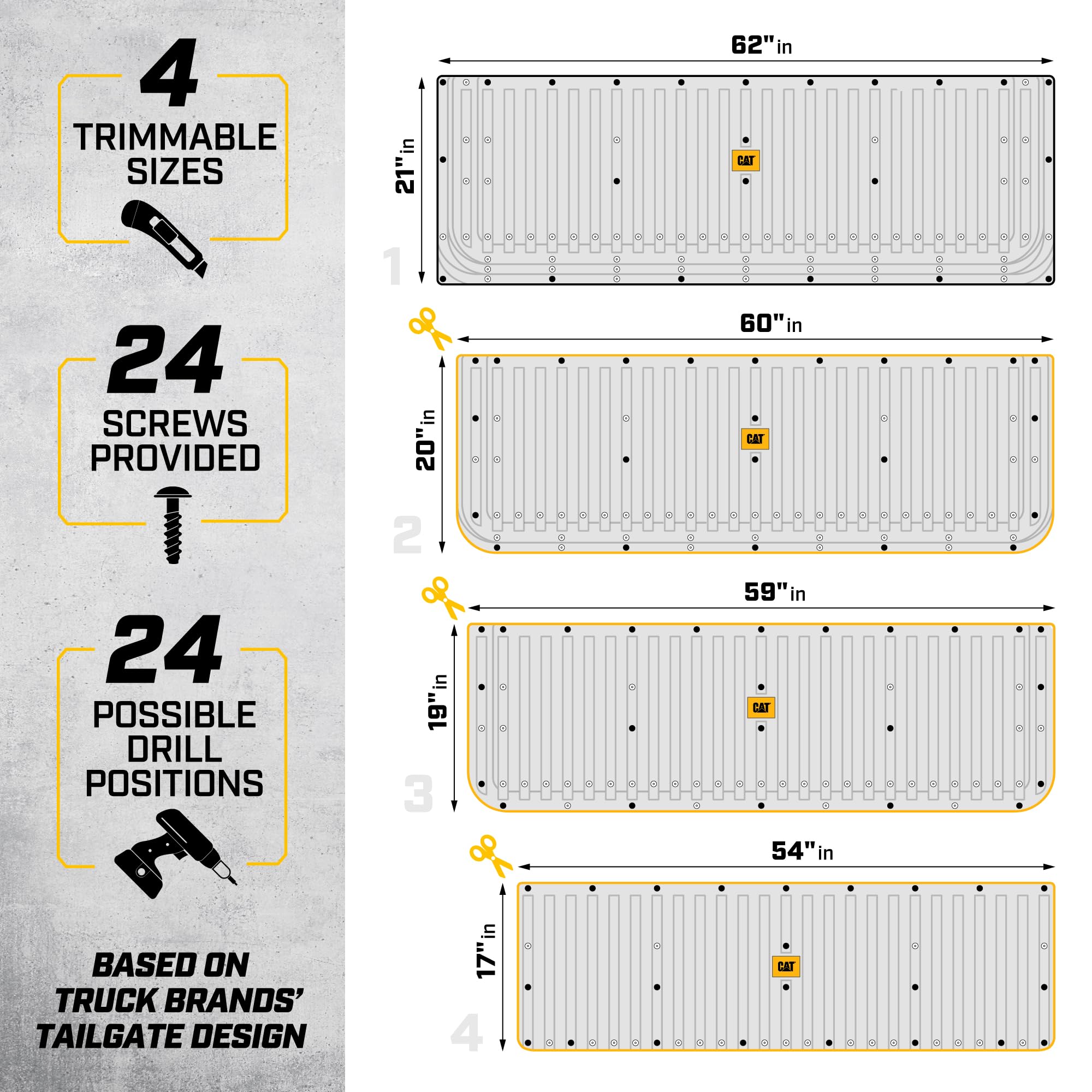 CAT Caterpillar — Tapete Protector de Compuerta Trasera para Camioneta Pick-Up, Hule Ultra Resistente de Alto Rendimiento, Universal Recortable 62" x 21" (CAMT-1509), Negro