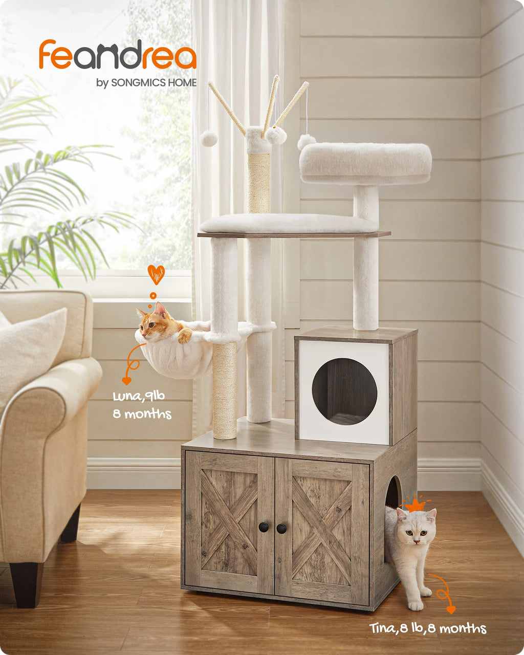 Feandrea Torre Rascador para Gato con Mueble para Arenero Integrado — Centro de Actividades 2 en 1 con Cojines Lavables y Postes de Sisal
