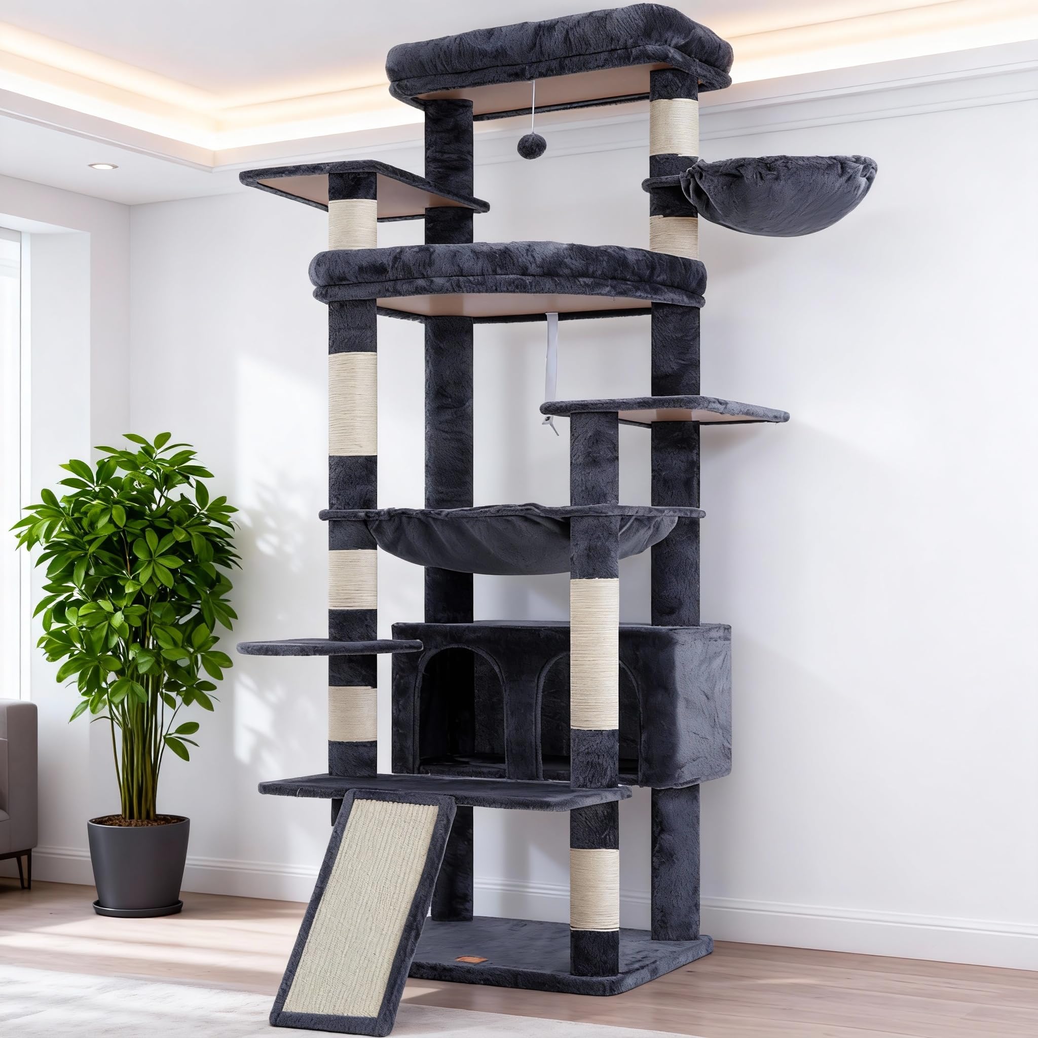 Heybly Torre para Gatos Grandes — Árbol Multinivel con Perchas Anchas, Cueva y Tablero Rascador para Gatos de hasta 9 kg