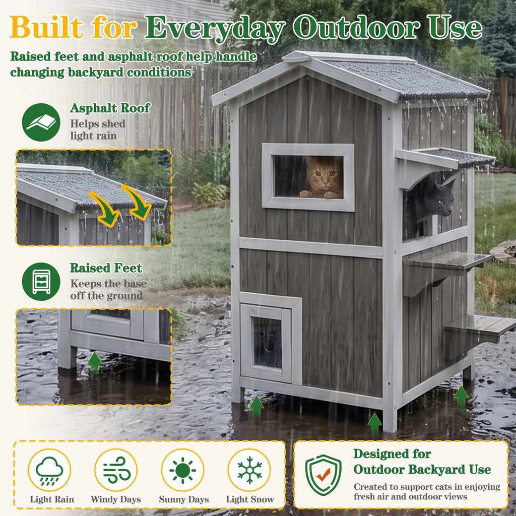 PetsCosset — Casa para Gatos de Madera de Dos Pisos con Techo Impermeable Abatible y Puertas de Escape para Uso Exterior e Interior