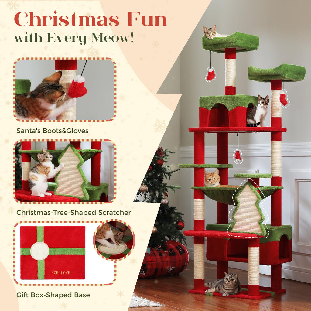 PAWZ Road 72-81 Inches Large Cat Tree, Tall Cat Tower with Large Mental Hammock for Indoor Cats Adults,7 Sisal-Covered Scratching Posts, 2 Padded Perches, Condos, and Basket