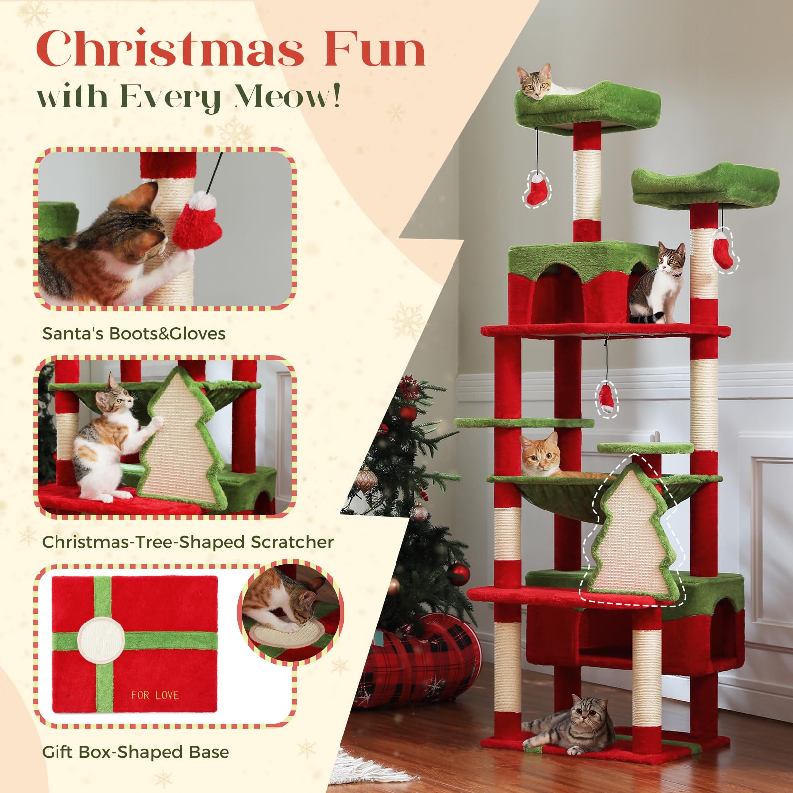 PAWZ Road 72-81 Inches Large Cat Tree, Tall Cat Tower with Large Mental Hammock for Indoor Cats Adults,7 Sisal-Covered Scratching Posts, 2 Padded Perches, Condos, and Basket