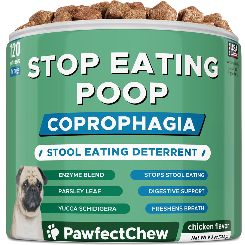 PAWFECTCHEW No Poo Chews para Perros — Disuasivo de Coprofagia y Consumo de Heces con Probióticos, Enzimas Digestivas y Soporte para el Aliento — 120 Bocadillos Suaves, Fabricado en EUA