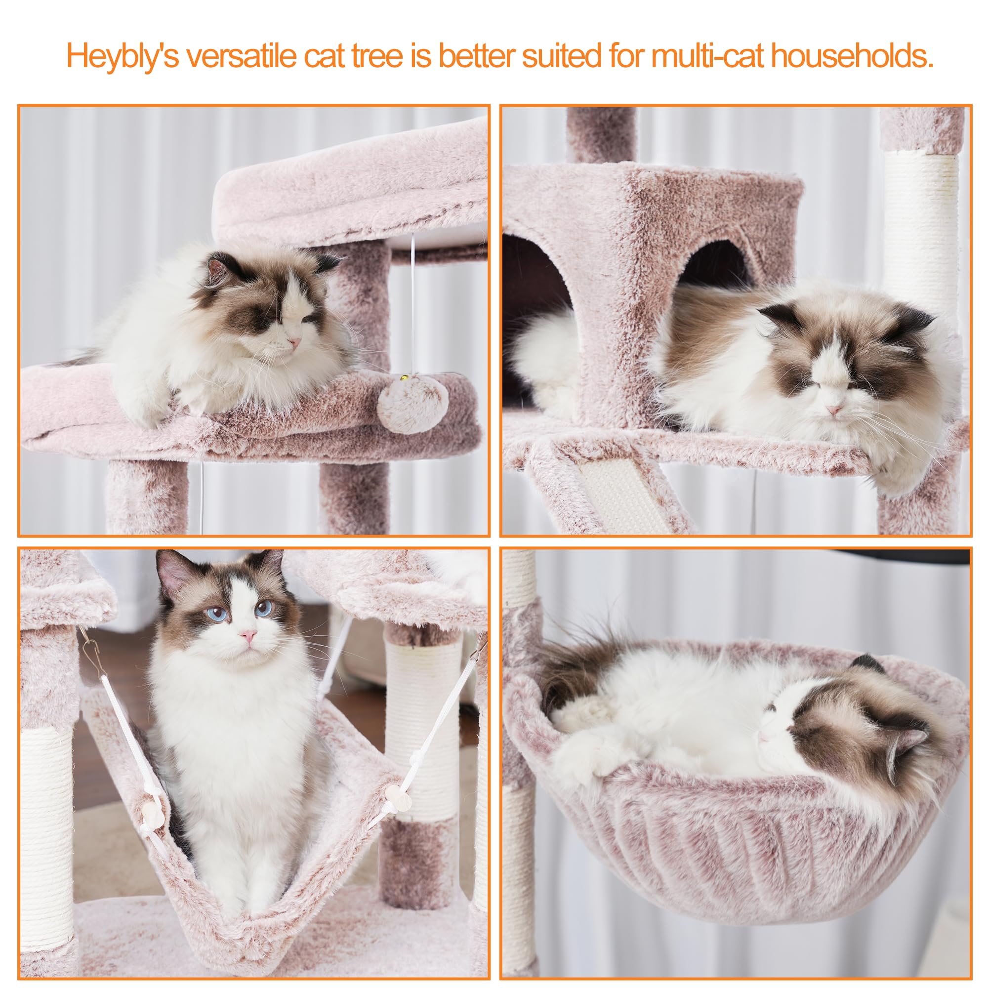 Heybly Torre para Gatos Grandes — Árbol Multinivel con Perchas Anchas, Cueva y Tablero Rascador para Gatos de hasta 9 kg