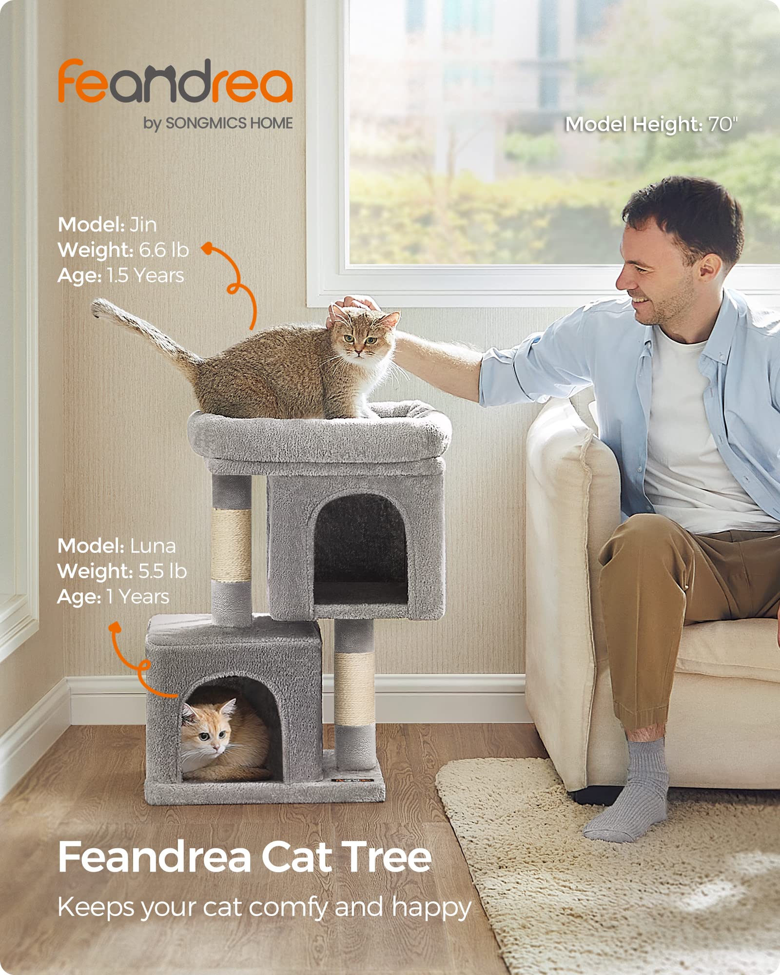 Feandrea — Torre Rascador para Gatos con Condo, Perchas y Postes de Sisal