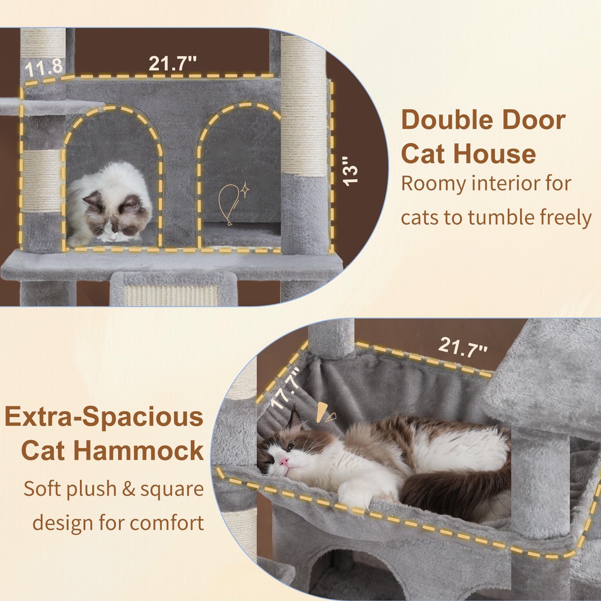 Heybly Torre para Gatos Grandes — Árbol Multinivel con Perchas Anchas, Cueva y Tablero Rascador para Gatos de hasta 9 kg