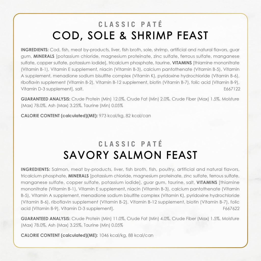 Purina Fancy Feast Colección Clásica de Mariscos en Paté — Alimento Húmedo para Gatos sin Granos, Variedad de Bacalao, Salmón, Camarón y Atún, Pack de 36 Latas de 85g
